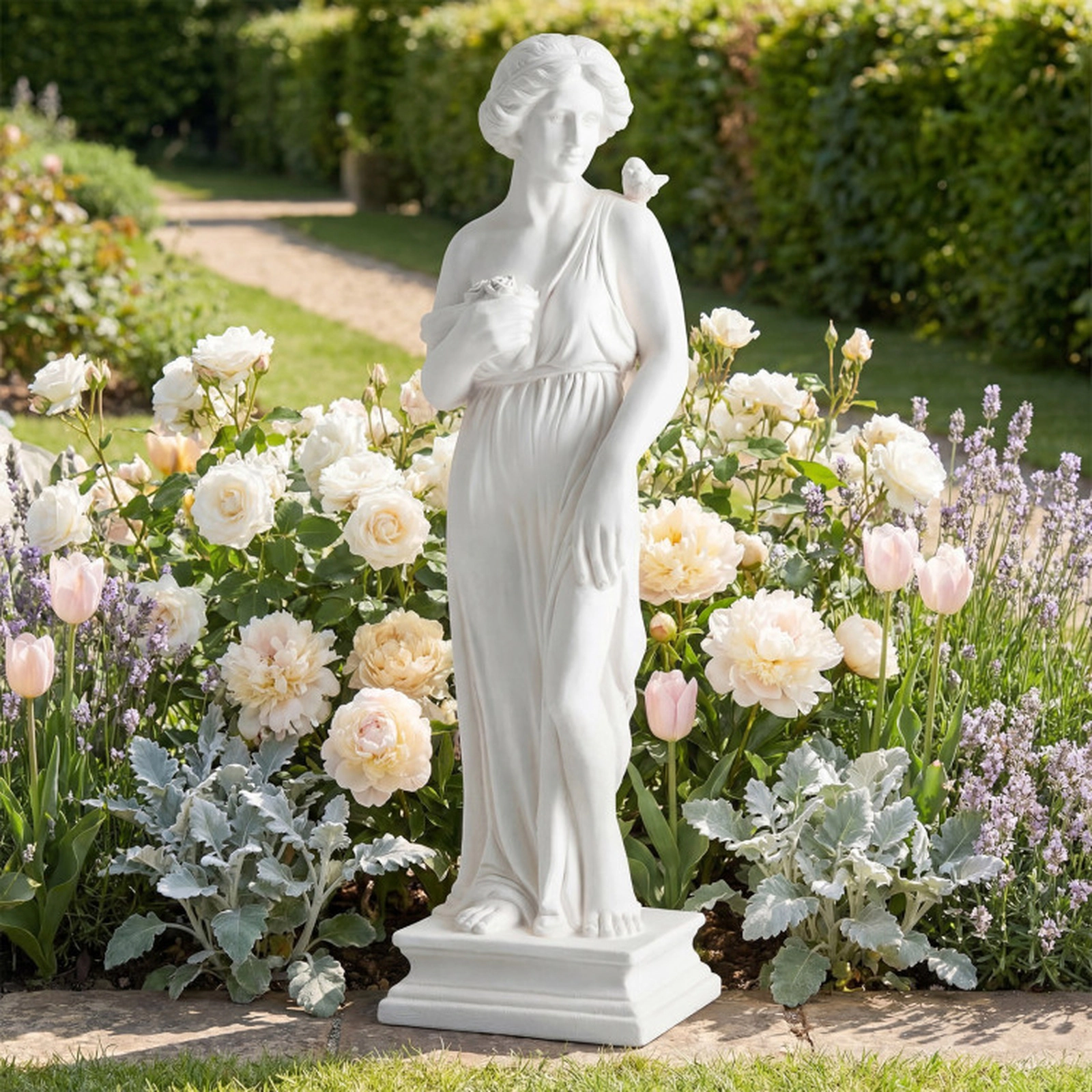 SUGIFT 31.5-in Tall White Antique Finish Magnesium Oxide Outdoor Greek Goddess Statue with Column Base