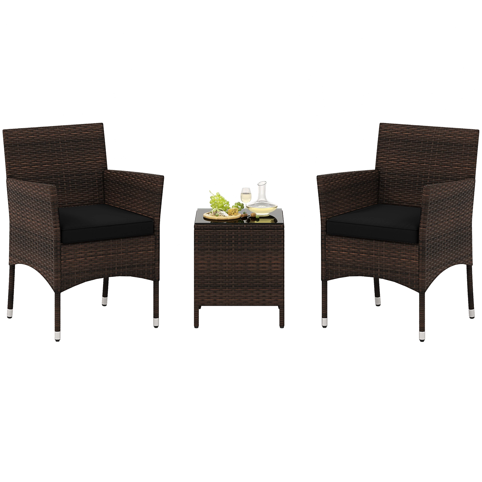 SUGIFT 3-Piece Brown PE Rattan Patio Conversation Set with Cushions and Tempered Glass Table