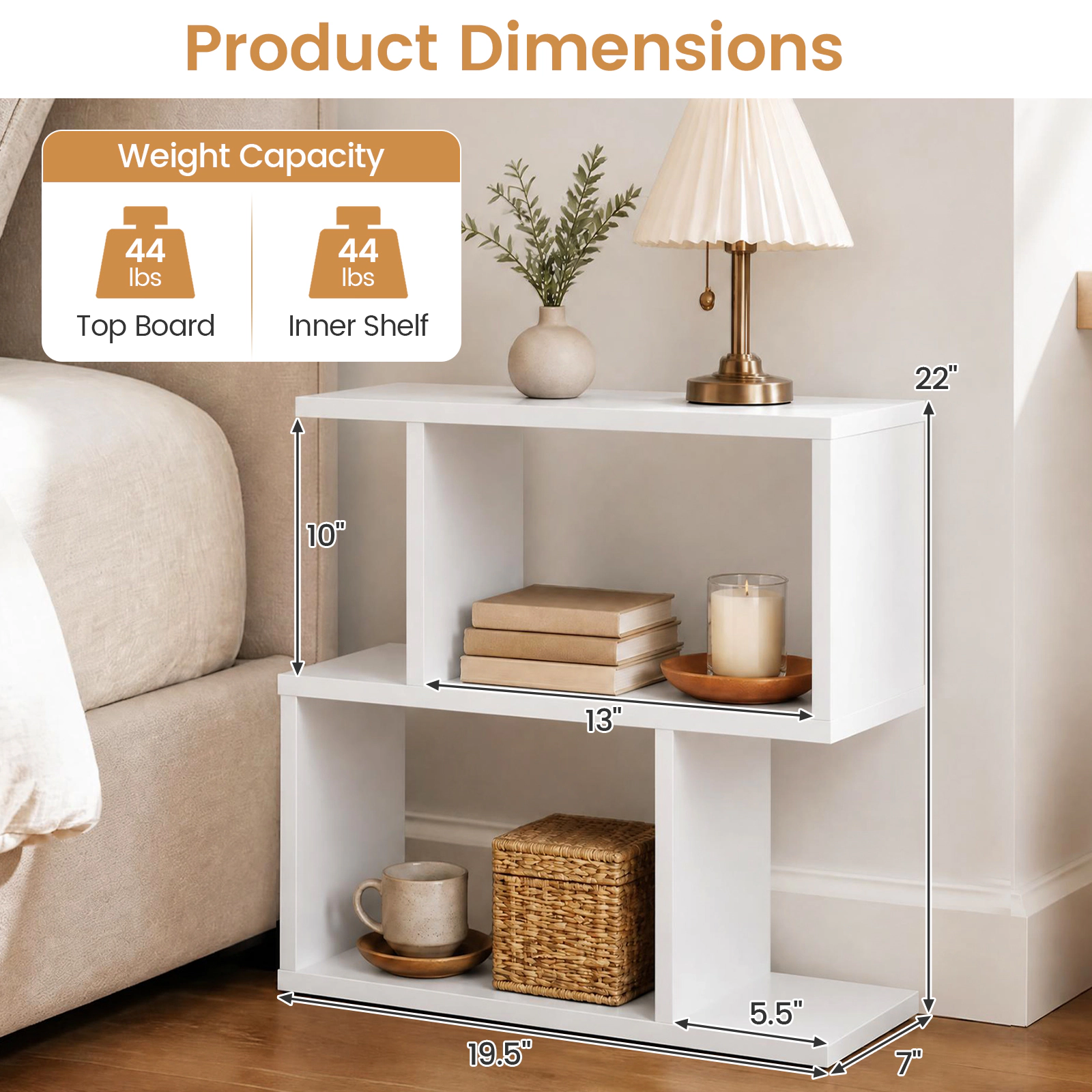 Costway 2 PCS 3-Tier S-Shape Bookshelf Freestanding Display Rack Storage Shelf White