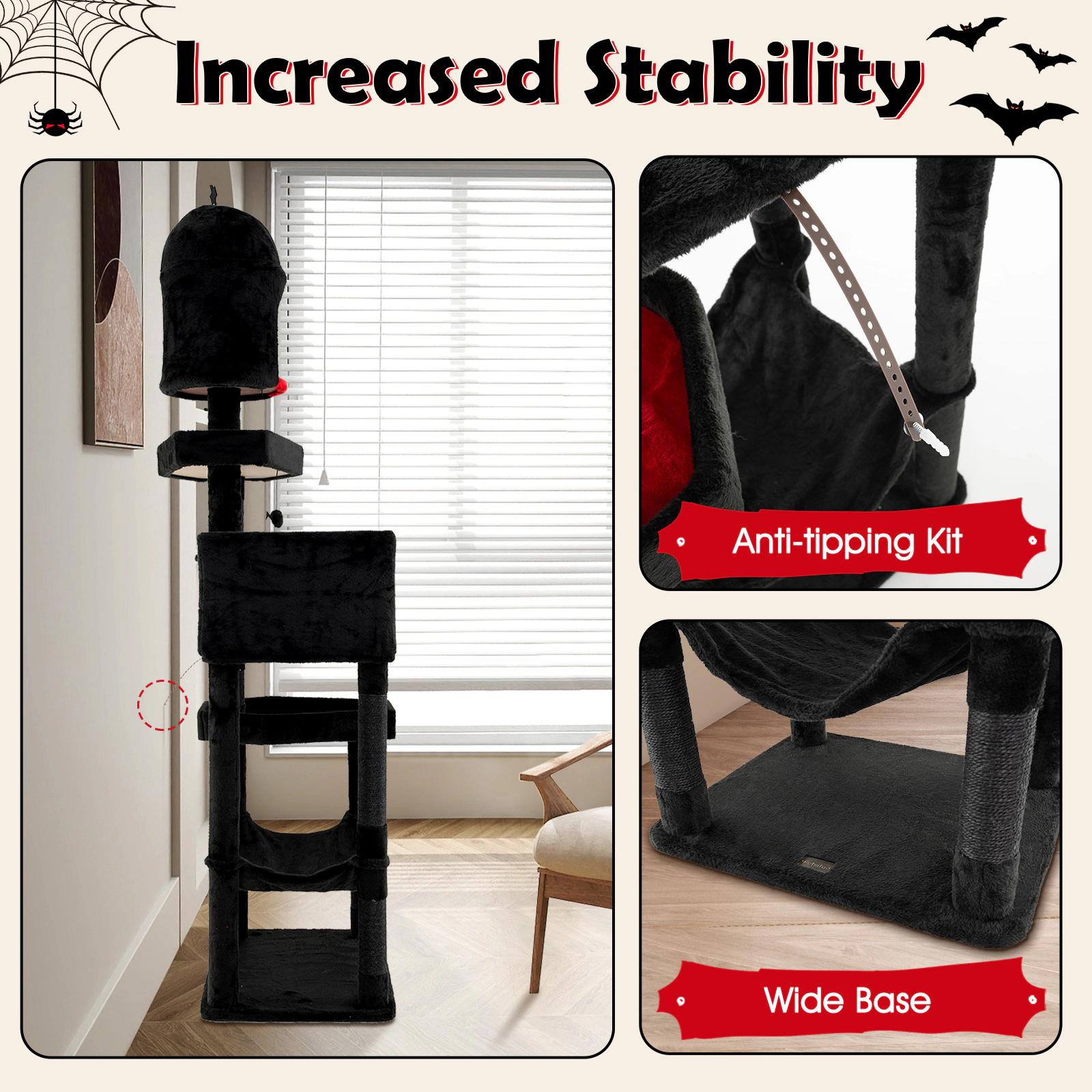 SUGIFT Gothic Cat Tree with 2 Cat Condos Coffin Beds Hammock 83-in Tall 22-lb Layers 11-lb Hammock Black & Red