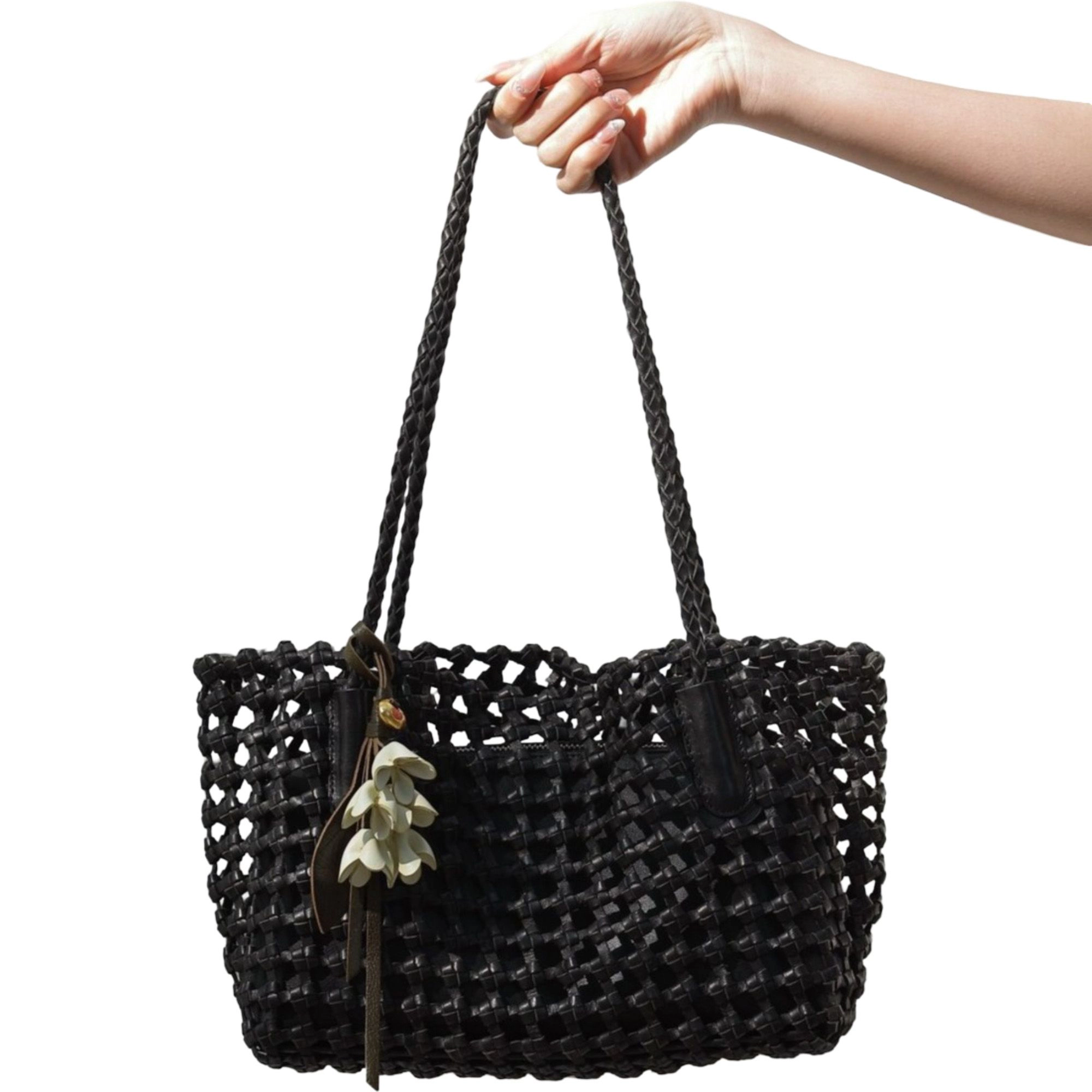 Alilang Women's Open Weave Leather Tote Bag with Braided Shoulder Straps and Interior Zip Compartment
