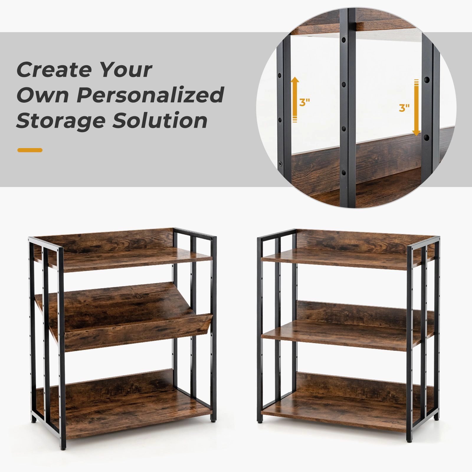 SlickBlue 3 Tier Industrial Bookshelf with Adjustable Shelves