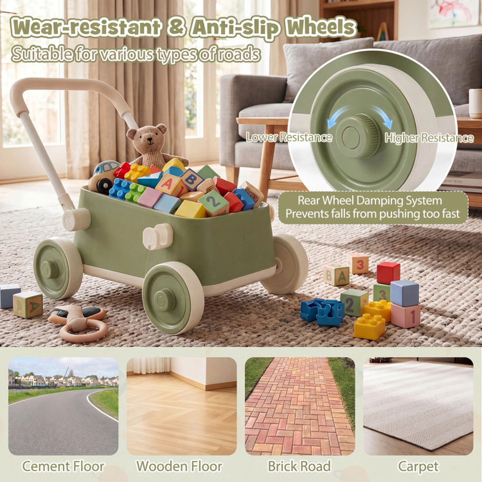 SUGIFT Baby Push Walker Wagon with Foldable Handlebar and Storage Basket Ages 3-6 Years Green