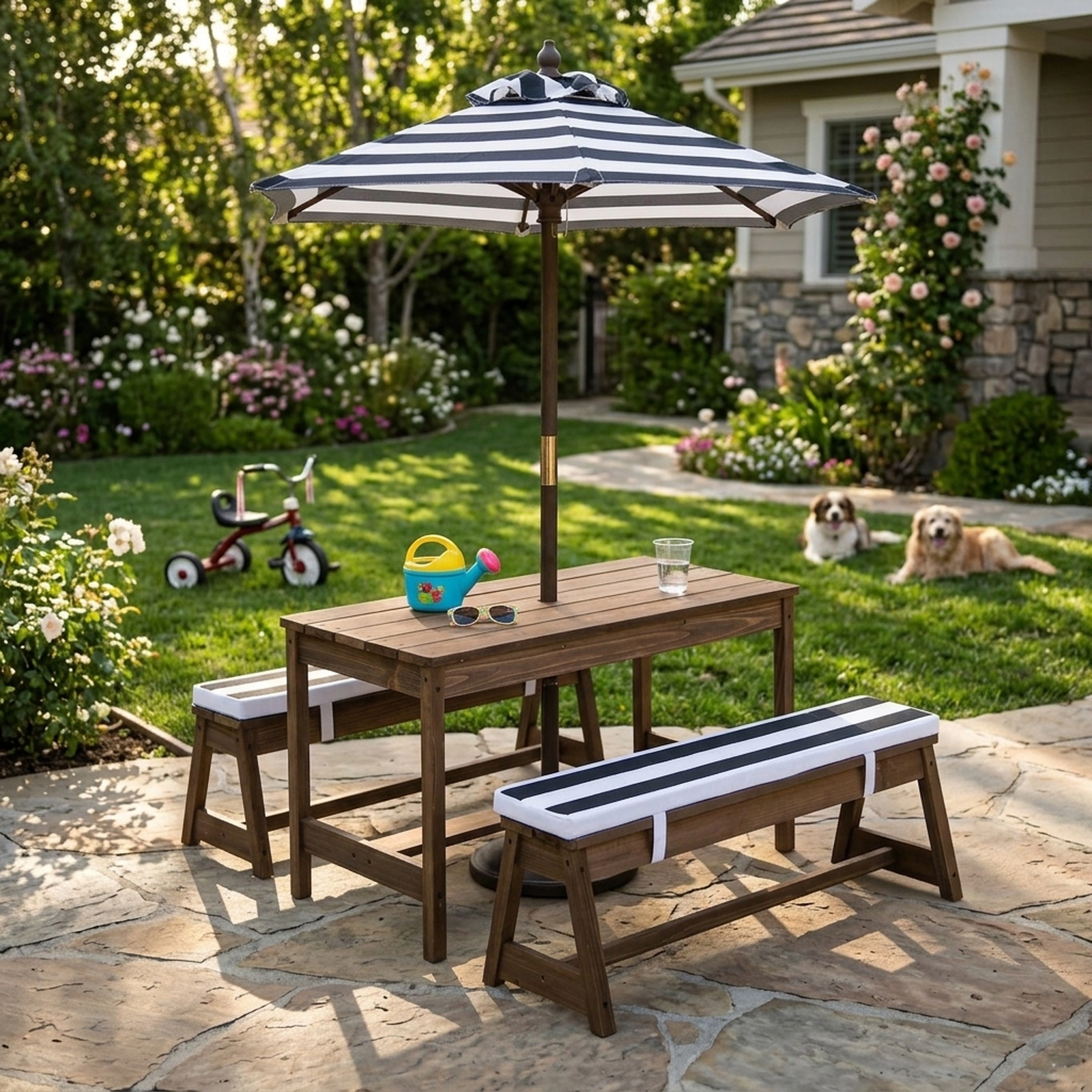 SUGIFT Kids Picnic Table Set, Fir Wood, 2 Padded Benches, Blue Adjustable Umbrella