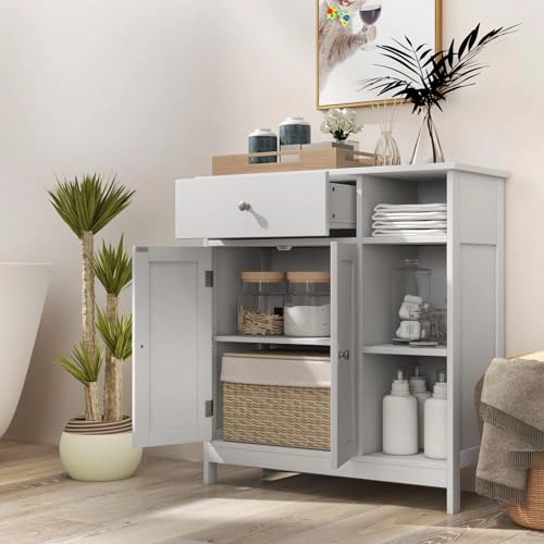 Glintex Wide Bathroom Cabinet with 250-Lb Capacity Drawer and 3 Open Bays, White