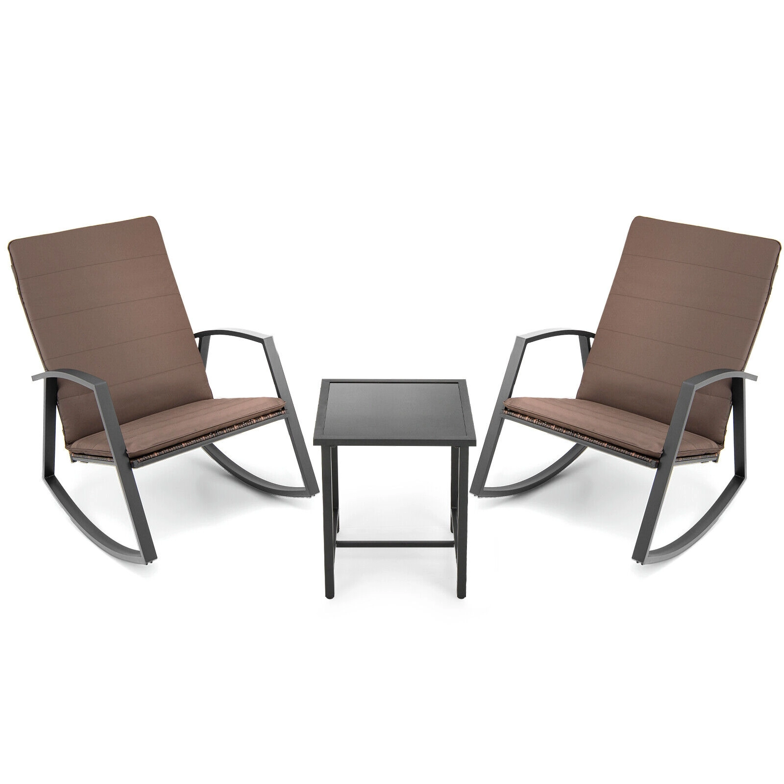 SUGIFT Glass Top Table and Padded Cushions 3-Piece Patio Rattan Rocking Chair Set