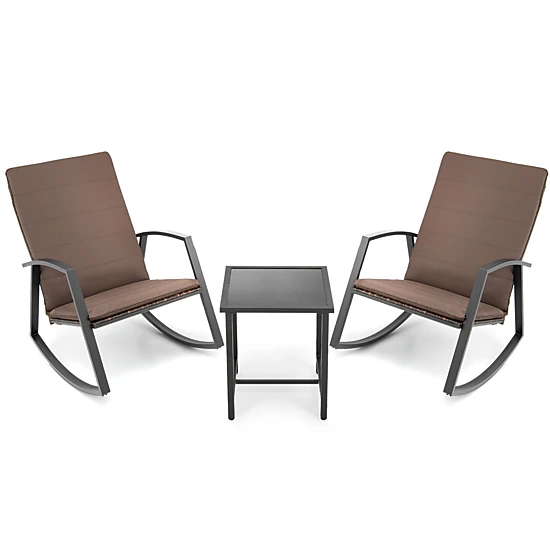 SUGIFT Glass Top Table and Padded Cushions 3-Piece Patio Rattan Rocking Chair Set