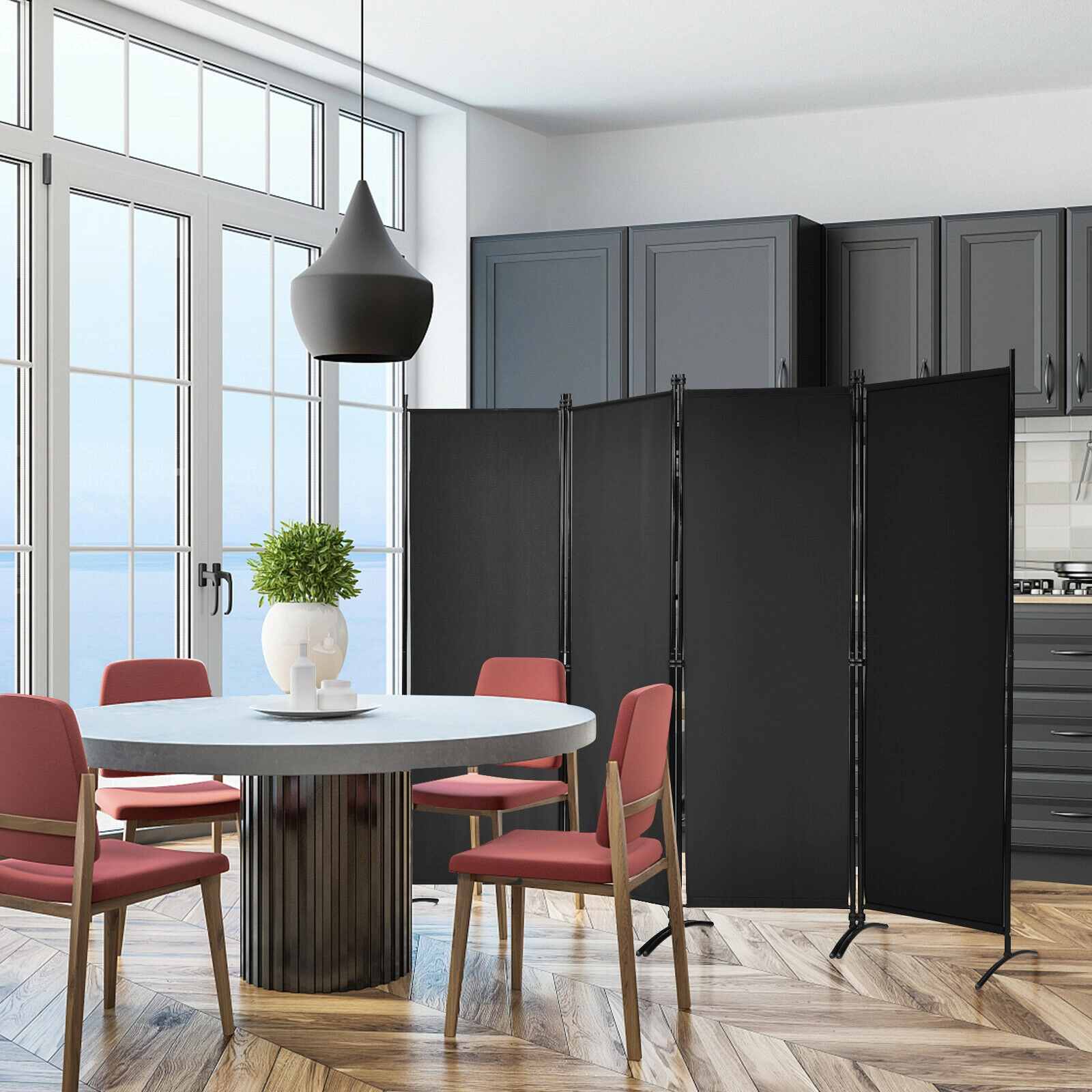 SUGIFT 4-Panel 88-in Wide 68-in Tall Folding Room Divider Wall Privacy Screen with Steel Frame and Square Feet