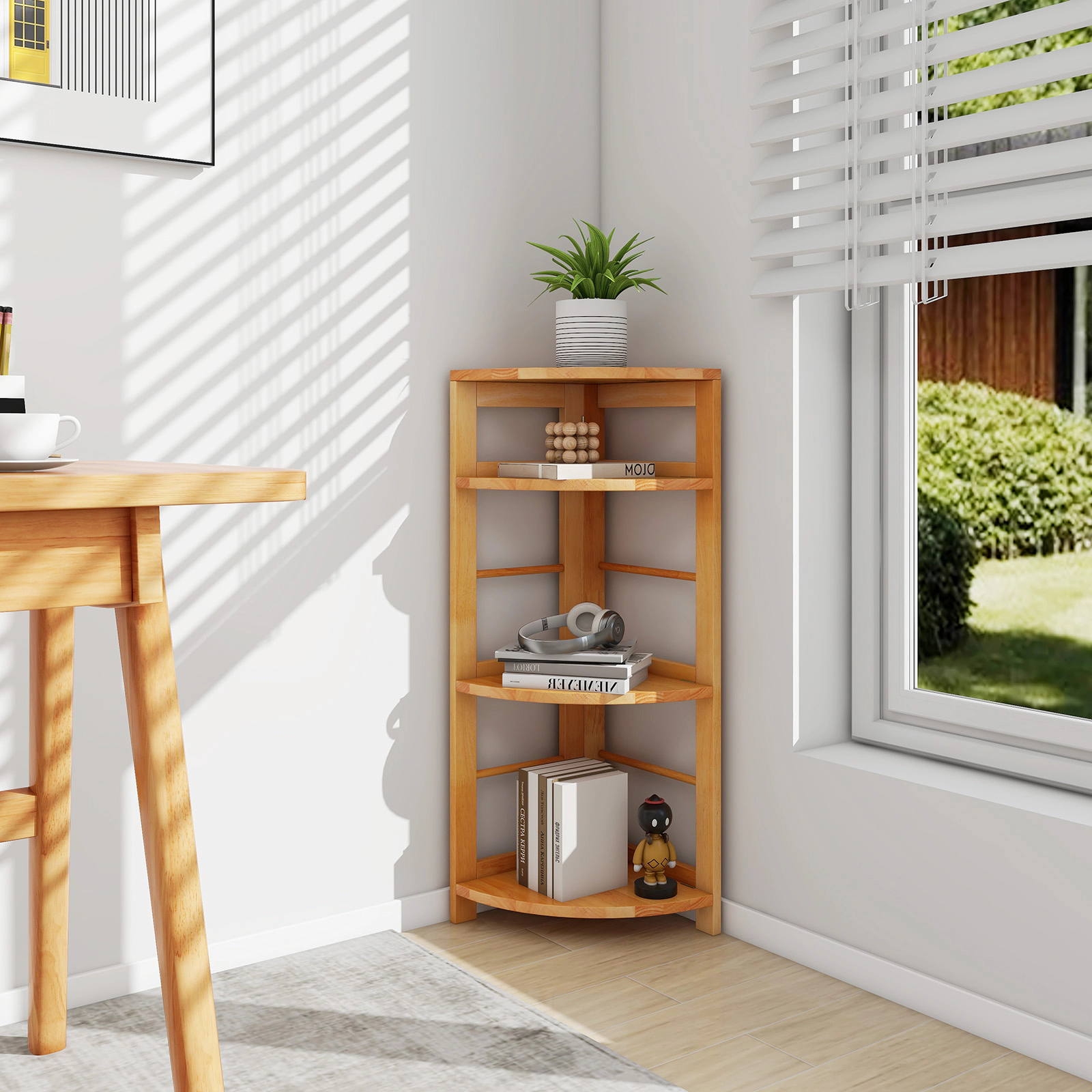 Hivvago 4-Tier Corner Shelf with Rubber Wood Frame and Anti-Toppling Kit