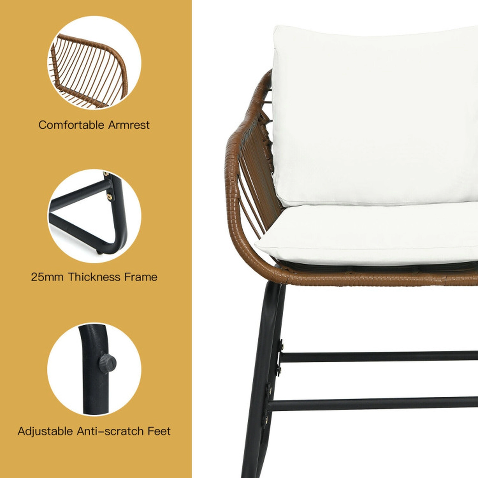 SUGIFT 3-Piece Patio Rattan Bistro Conversation Set with Cushions and Glass Top Table 350-lb Chair Capacity Brown Rattan