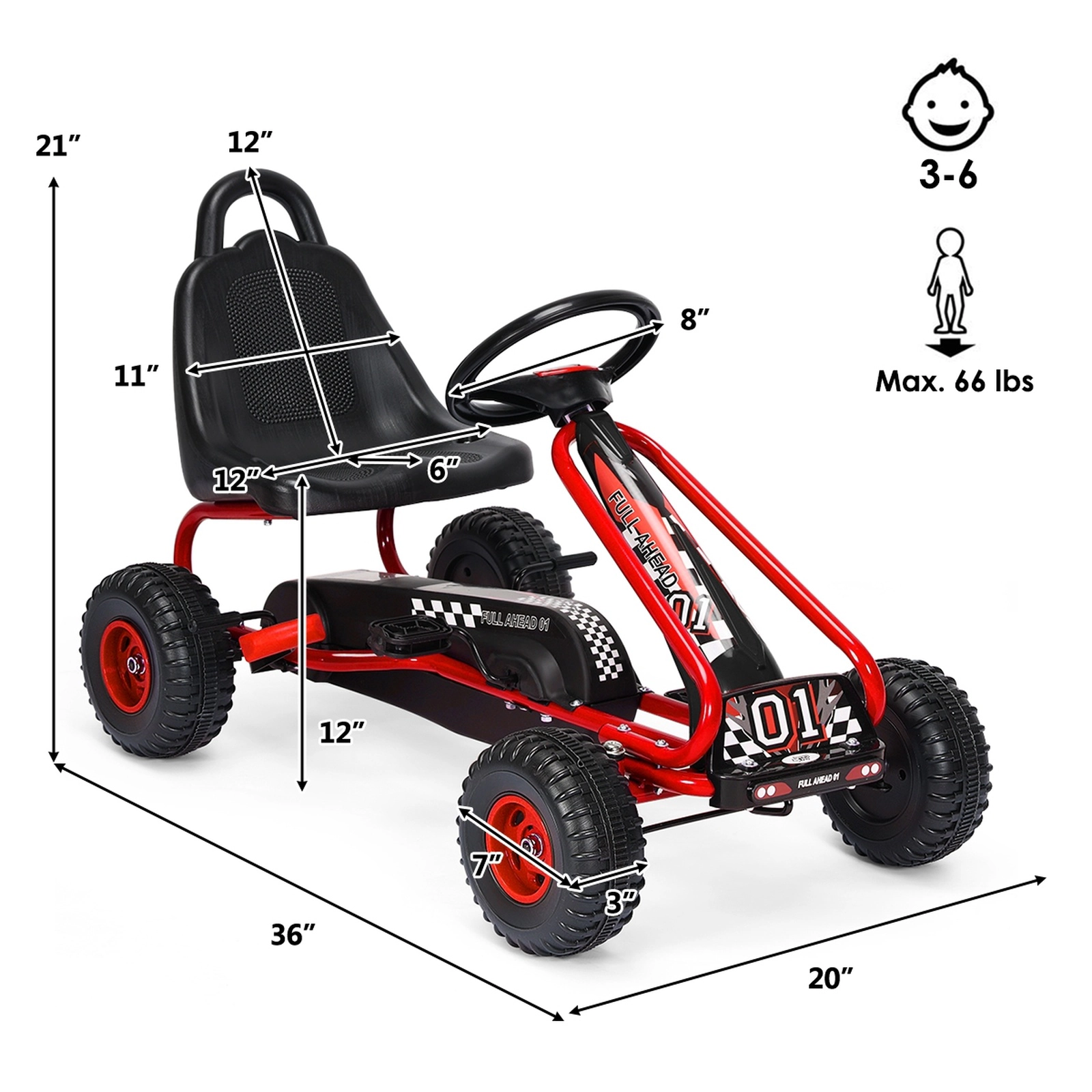 Kids Pedal Go Kart 4-Wheel Ride on Adjustable Seat Steering Wheel Hand Brake No Battery Needed Ages 3-6 66-lb Capacity