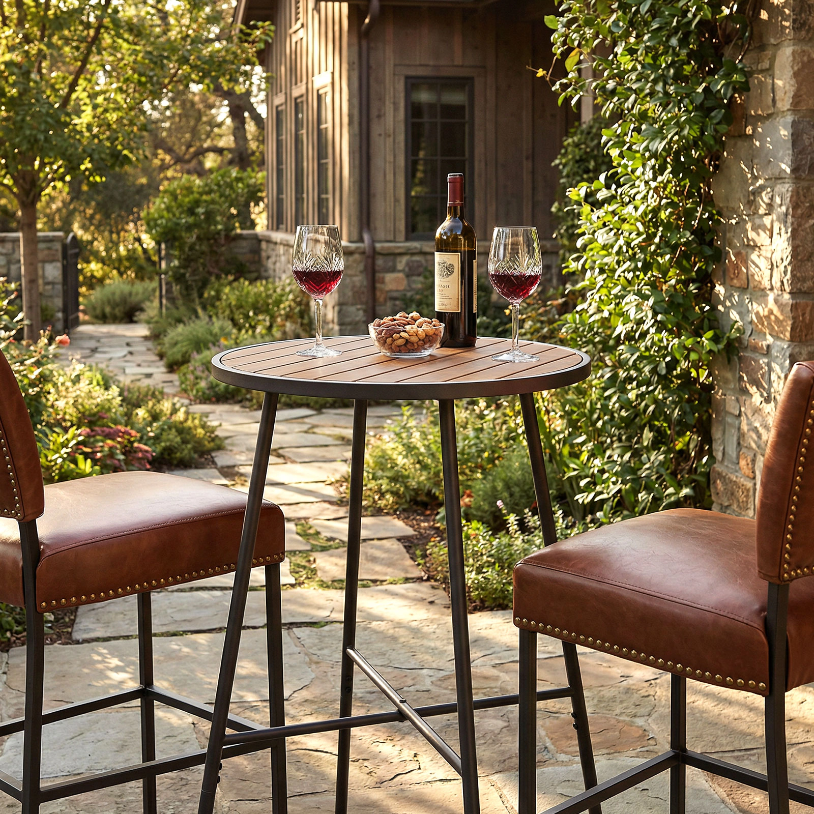 SUGIFT Outdoor Round Bar Table 41-in Tall with Acacia Wood Top and Metal Frame 180-lb Capacity Natural and Black