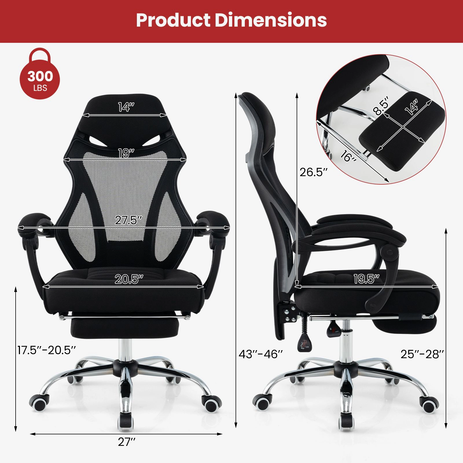 SlickBlue Ergonomic Office Chair Mesh Desk Chair with Footrest and Headrest Black