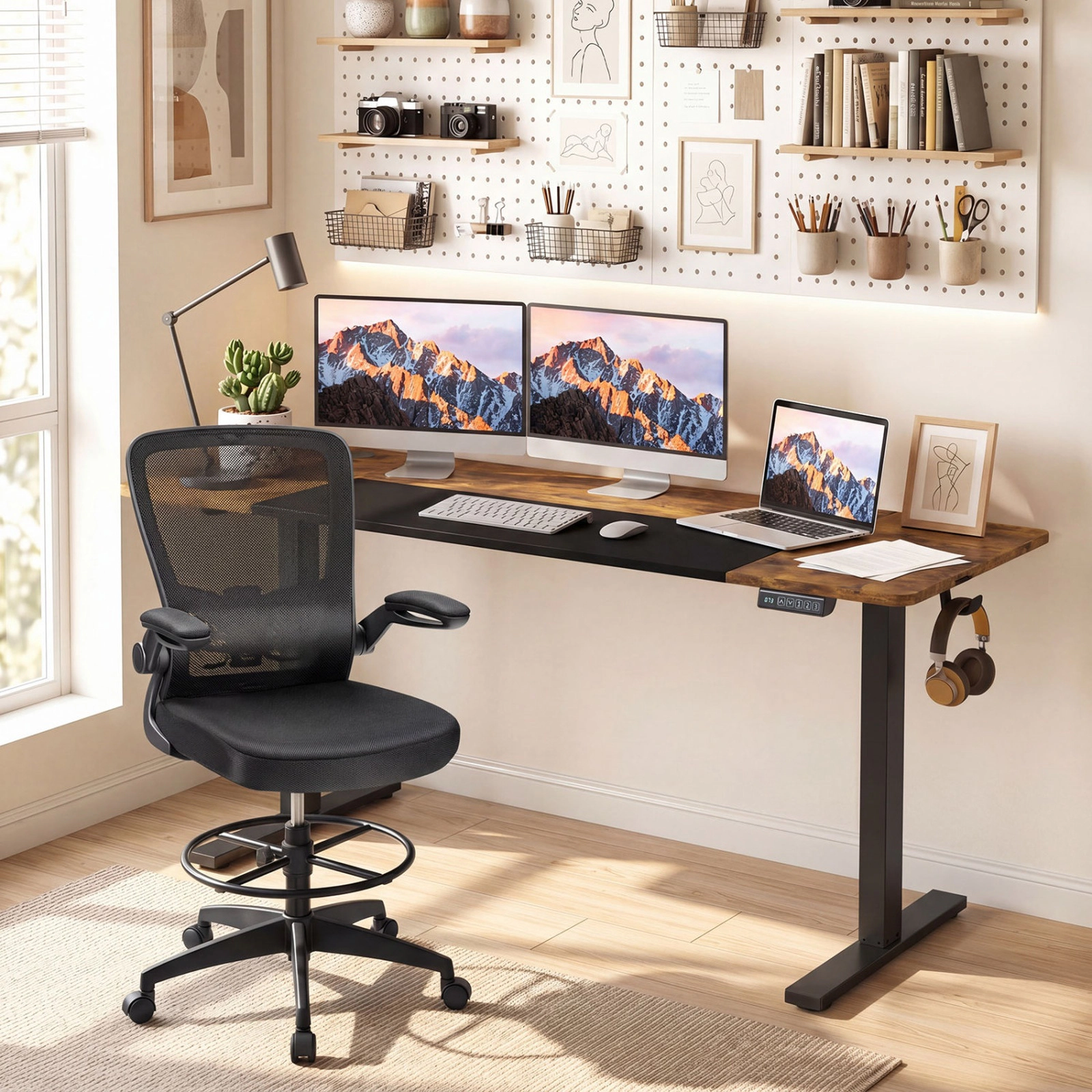 SUGIFT 63 in Rustic Brown Electric Standing Desk, Dual Monitor, Adjustable Height