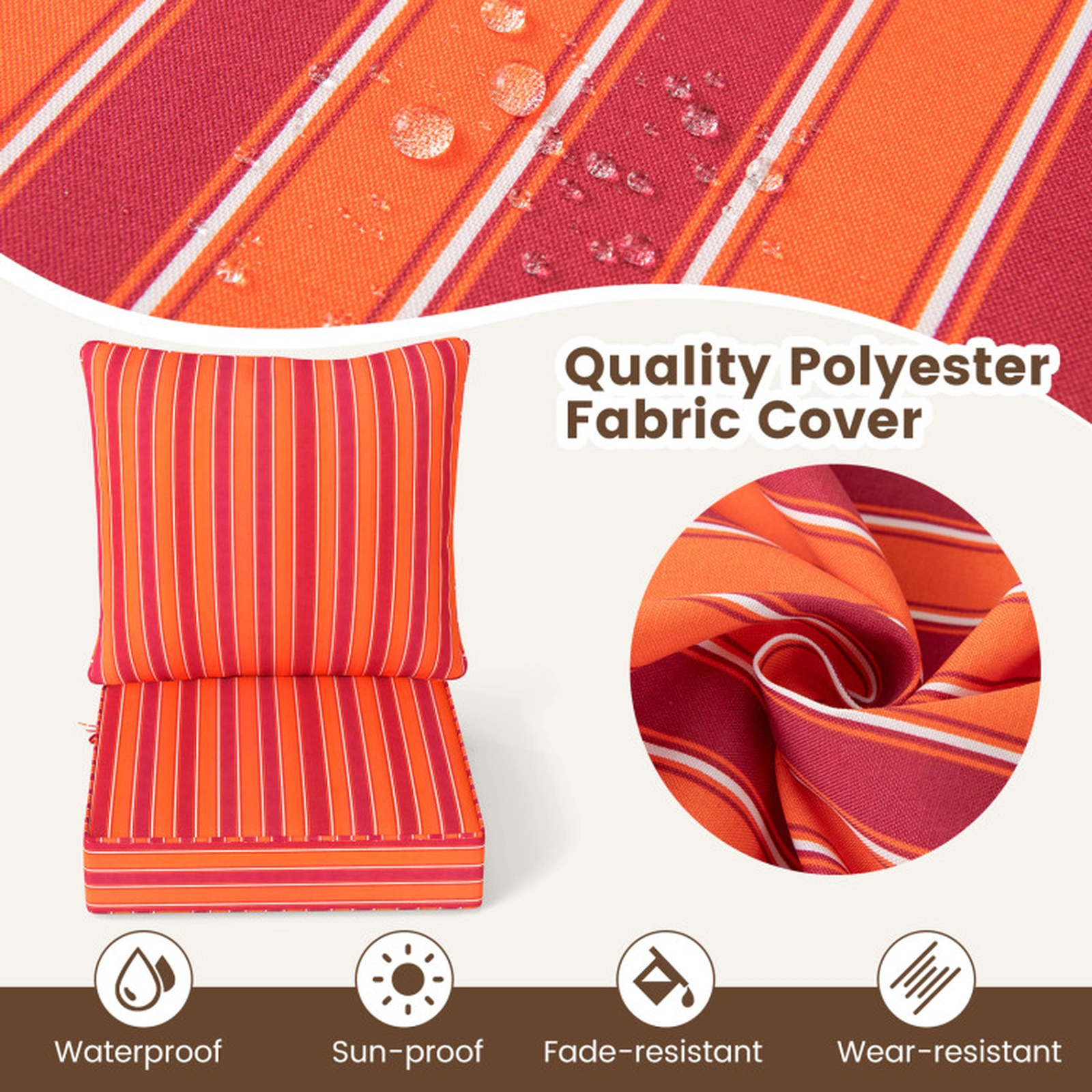 SUGIFT Orange Deep Seat Outdoor Patio Chair Cushion Set with Back Pad and Rope Belts 25-in W 25-in D 5-in H