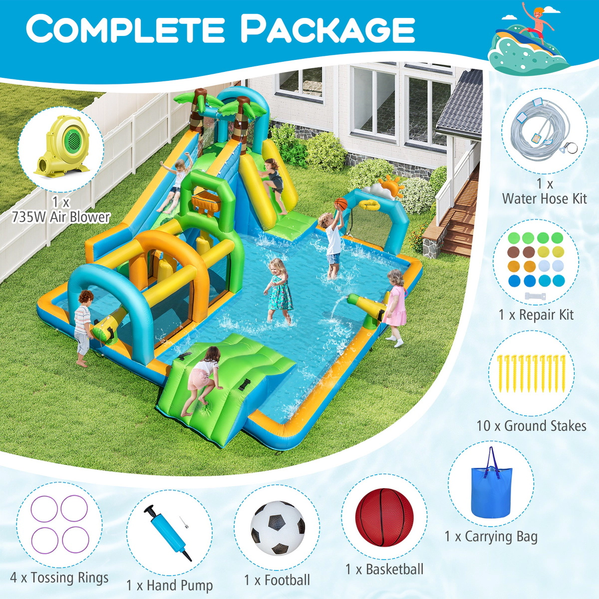 SUGIFT Tropical Dual Slide Climbing Wall and 735W Blower Kids Inflatable Water Slide Aqua Park