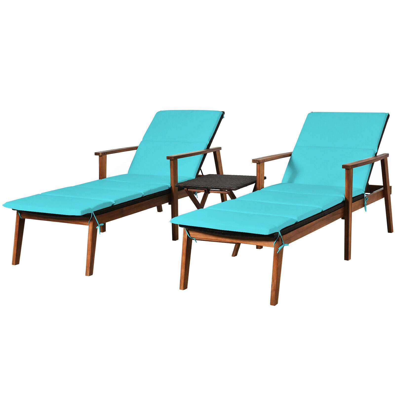 LJG 3 Pieces Portable Patio Cushioned Rattan Lounge Chair Set with Folding Table