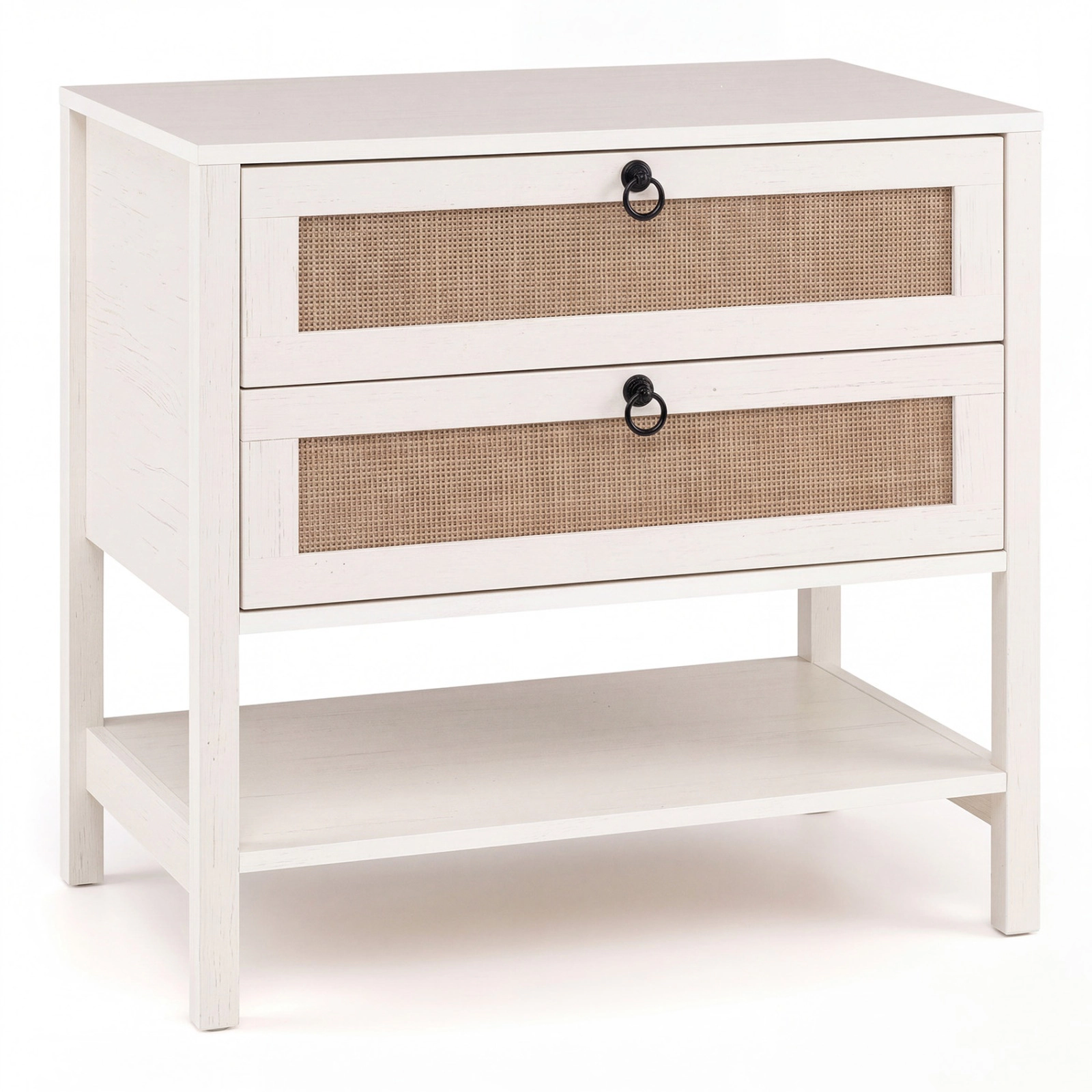 SUGIFT Whitewashed Oak 2 Drawers and Bottom Open Shelf 27 Inch Boho Rattan Nightstand