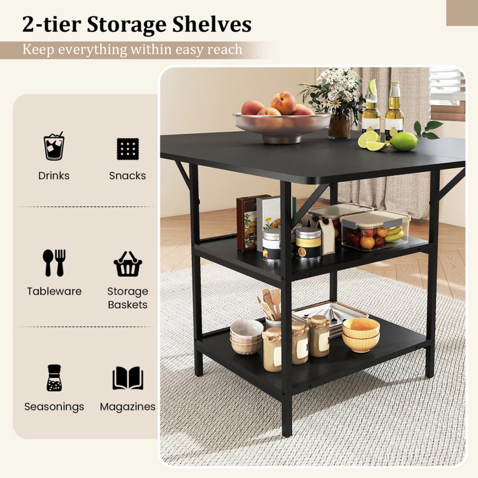 SUGIFT 47-in Rectangular Dining Table with 2 Open Storage Shelves 155-lb Tabletop Capacity Seats 4-6 Rustic Brown/Black