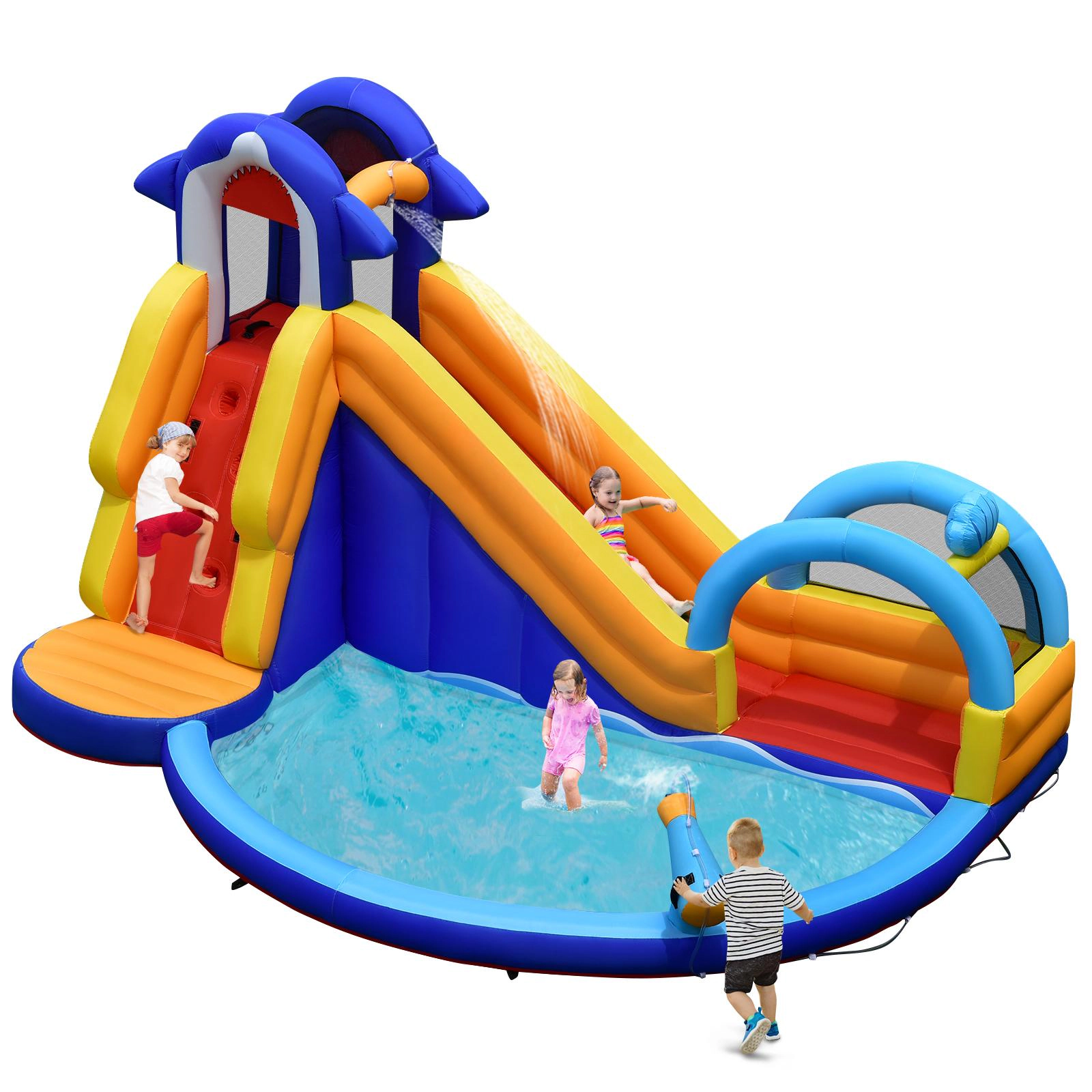 SUGIFT Blue 14-ft Inflatable Bouncy House with Water Slide Splash Pool and Mesh Safety Walls for Yard