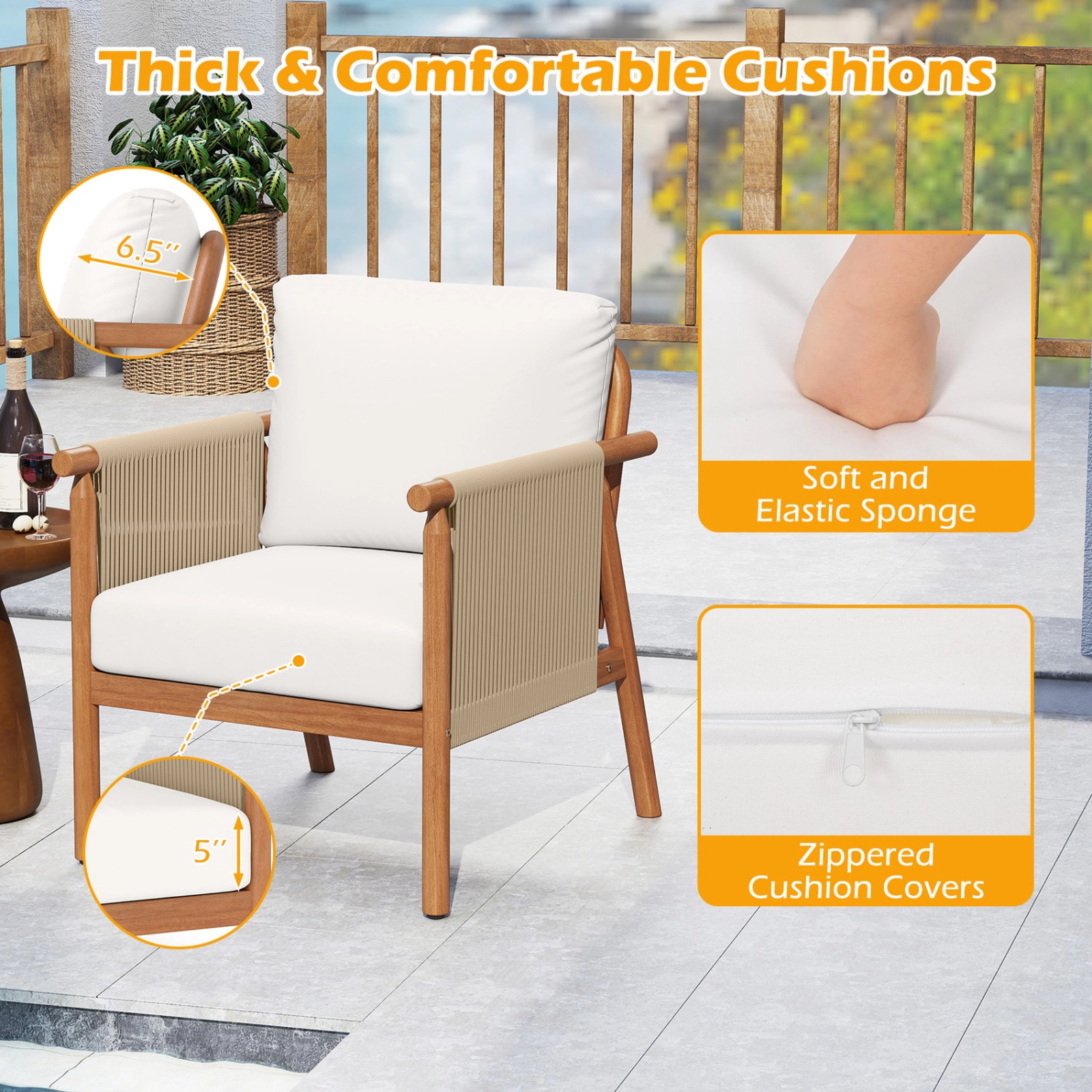 SUGIFT Boho Woven Rope Armrests Dining Chair 400-lb Capacity with Seat and Back Cushions White/Gray