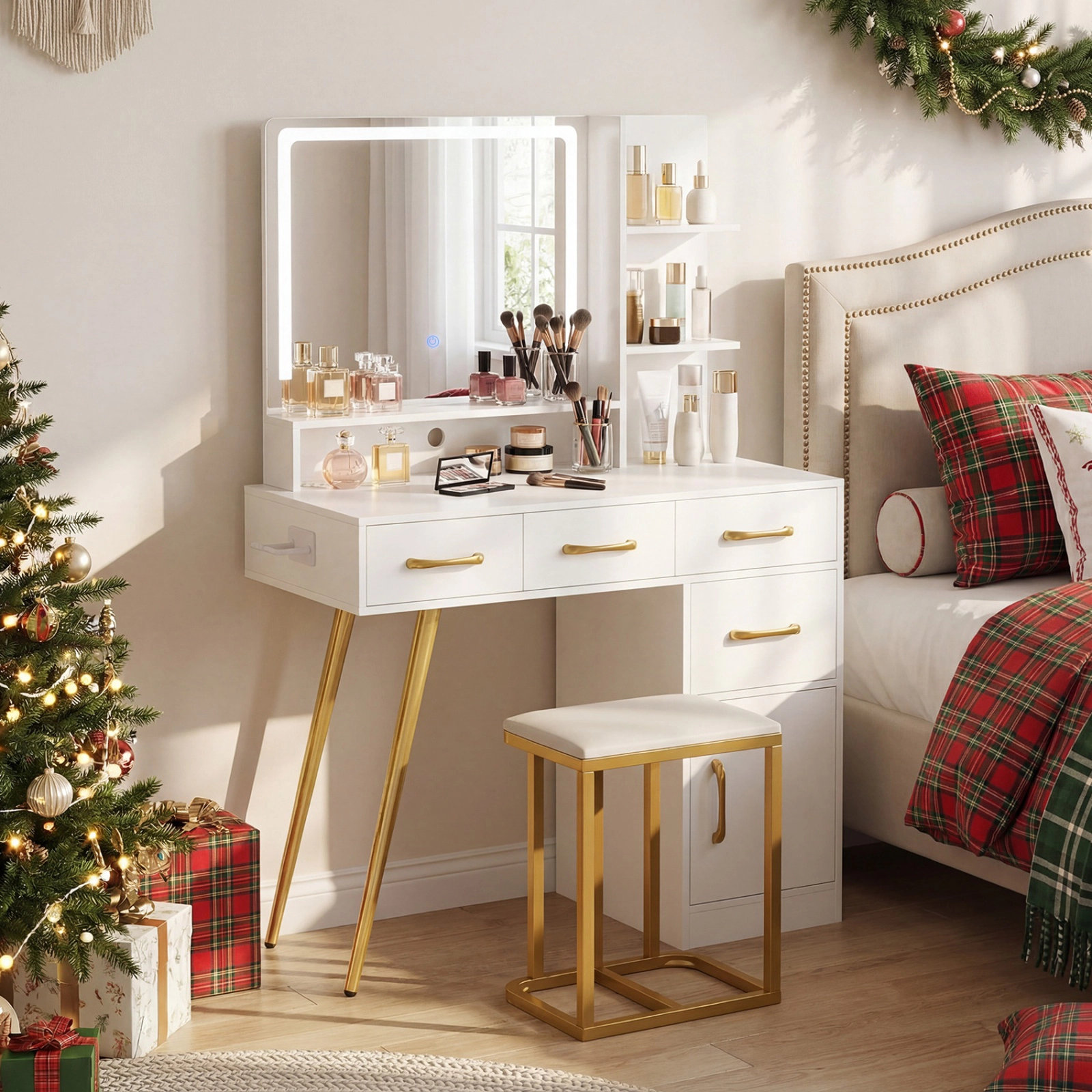SUGIFT LED Lighted Vanity Set Mirror & Adjustable Brightness Table 88-lb Tabletop Capacity 330-lb Stool Capacity White