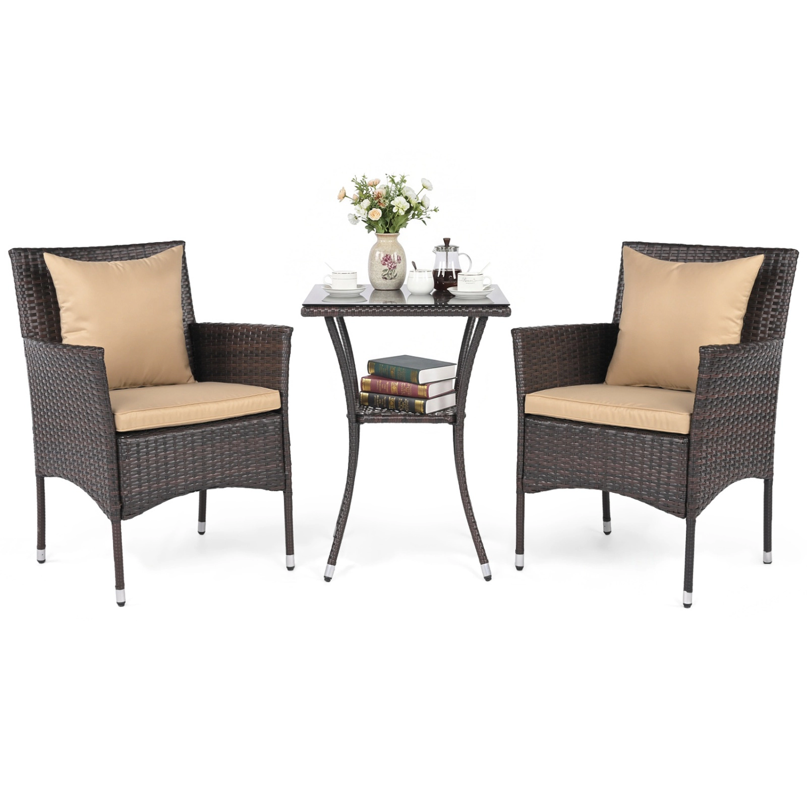 SUGIFT 3-Piece PE Rattan Patio Conversation Set with Cushioned Chairs & Tempered Glass Table 400-lb Chair Capacity Brown