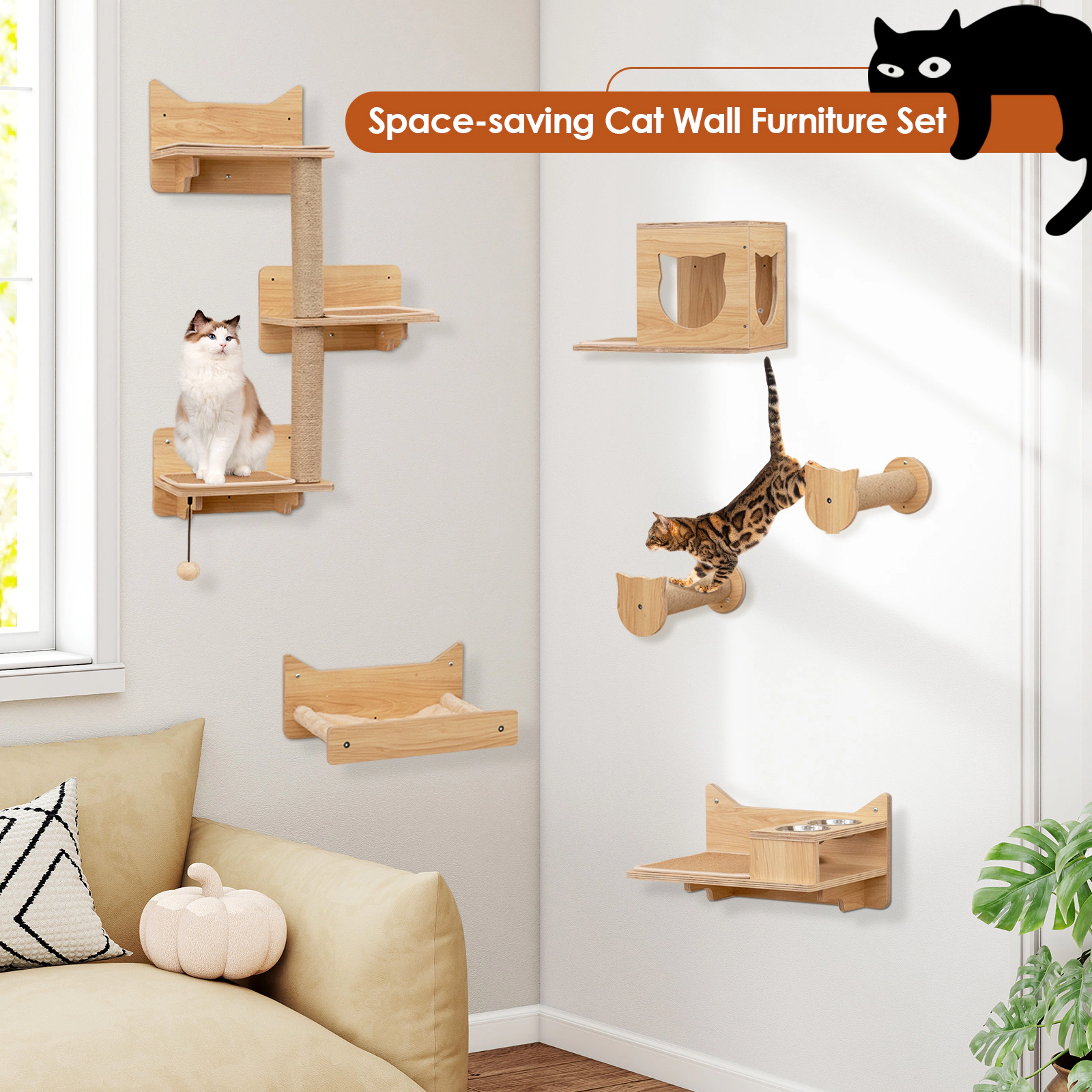 Glintex 6-Piece Wall-Mounted Cat Shelf Set with Feeding Station and 3-Level Tower, Natural