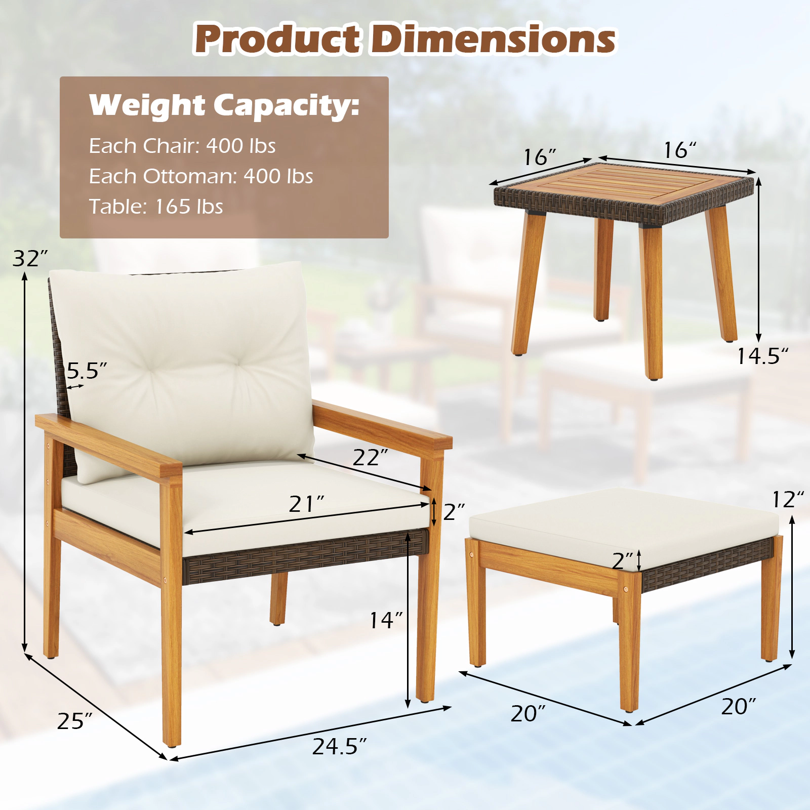 SUGIFT White 2 Ottomans and Square Coffee Table 5-Piece Patio Rattan Chair Set