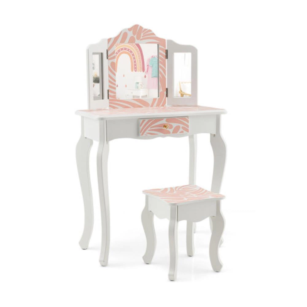 Hivvago 2-In-1 Kids Vanity Table Set With Tri-Folding Mirror-Pink
