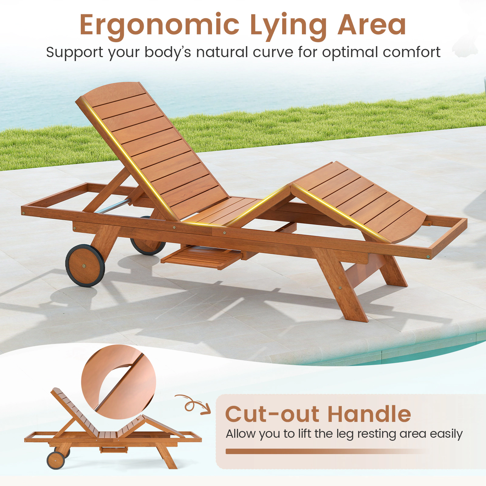 SUGIFT Wheels 4-Position Backrest and Extendable Side Table Natural Wood Outdoor Chaise Lounge