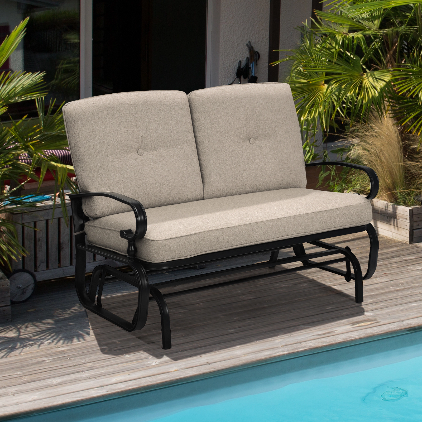 SUGIFT 2-Seat Beige Steel Outdoor Glider Bench with Olefin Cushions, 440 lb Capacity