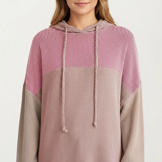 Anna-Kaci Women's Colorblock Drawstring Relaxed Fit Long Sleeve Knit Hoodie