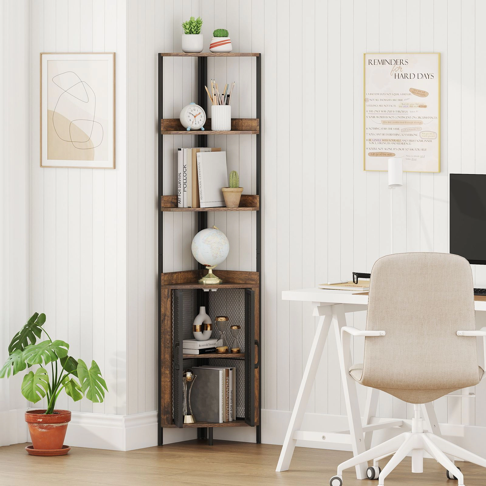 SlickBlue 6-Tier Corner Bookshelf with Storage Cabinet and Open Shelves