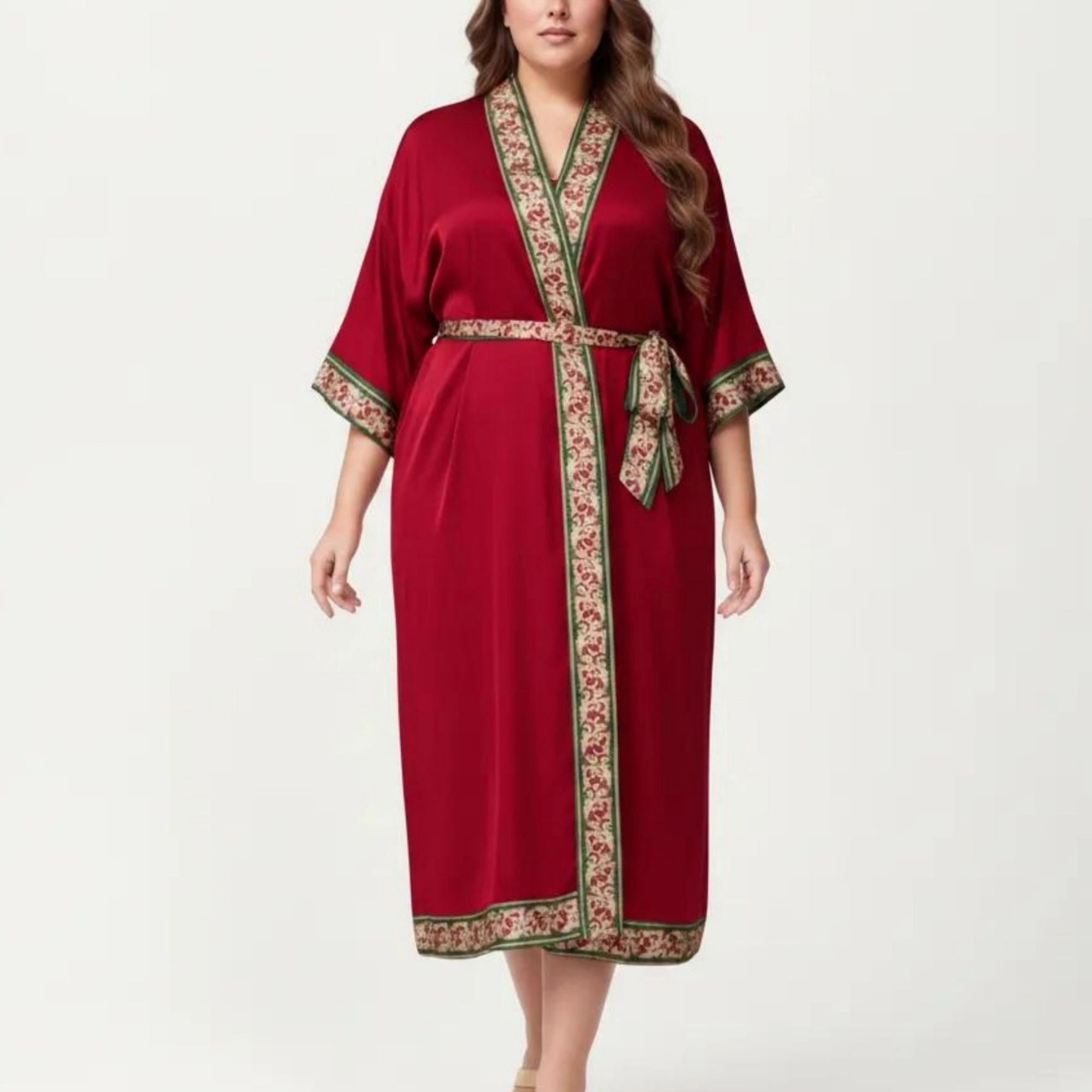 Anna-Kaci Women's Plus Satin Robe with Floral Trim Belted Kimono Sleeve Long Sleepwear