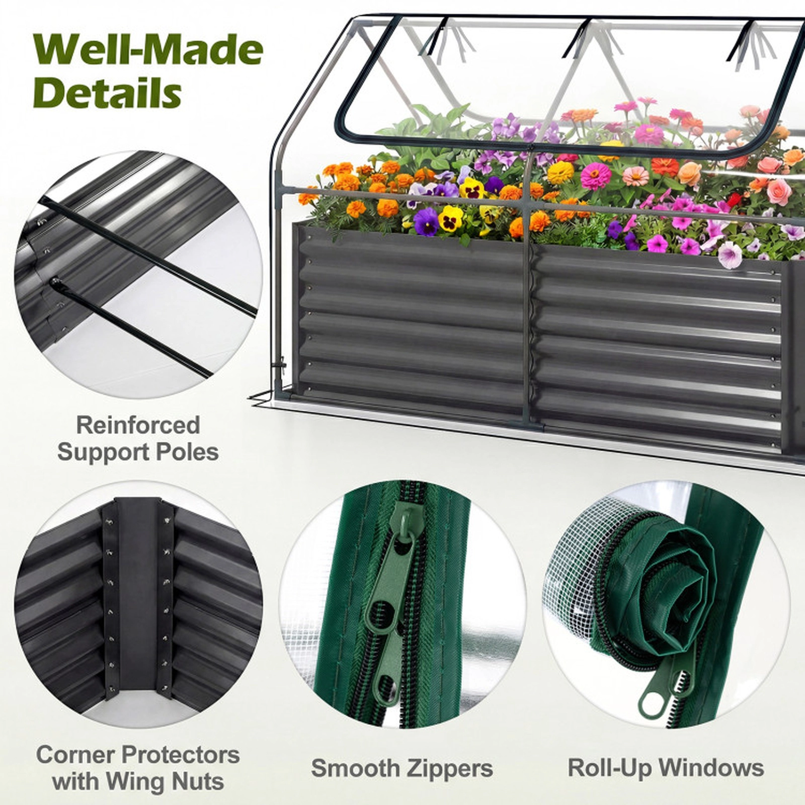 SUGIFT Galvanized Raised Garden Bed with Mini Greenhouse Cover Outdoor Planter Black + Clear/Silver + Clear