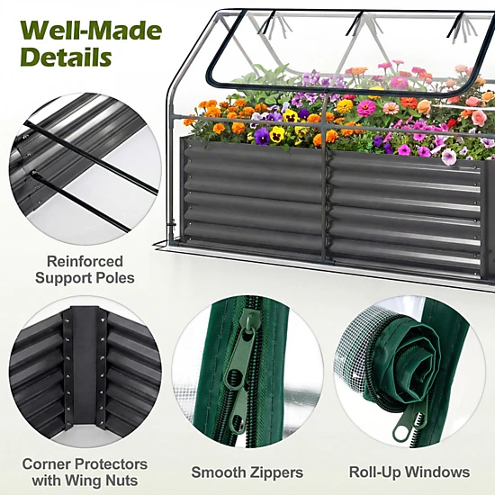 SUGIFT Galvanized Raised Garden Bed with Mini Greenhouse Cover Outdoor Planter Black + Clear/Silver + Clear