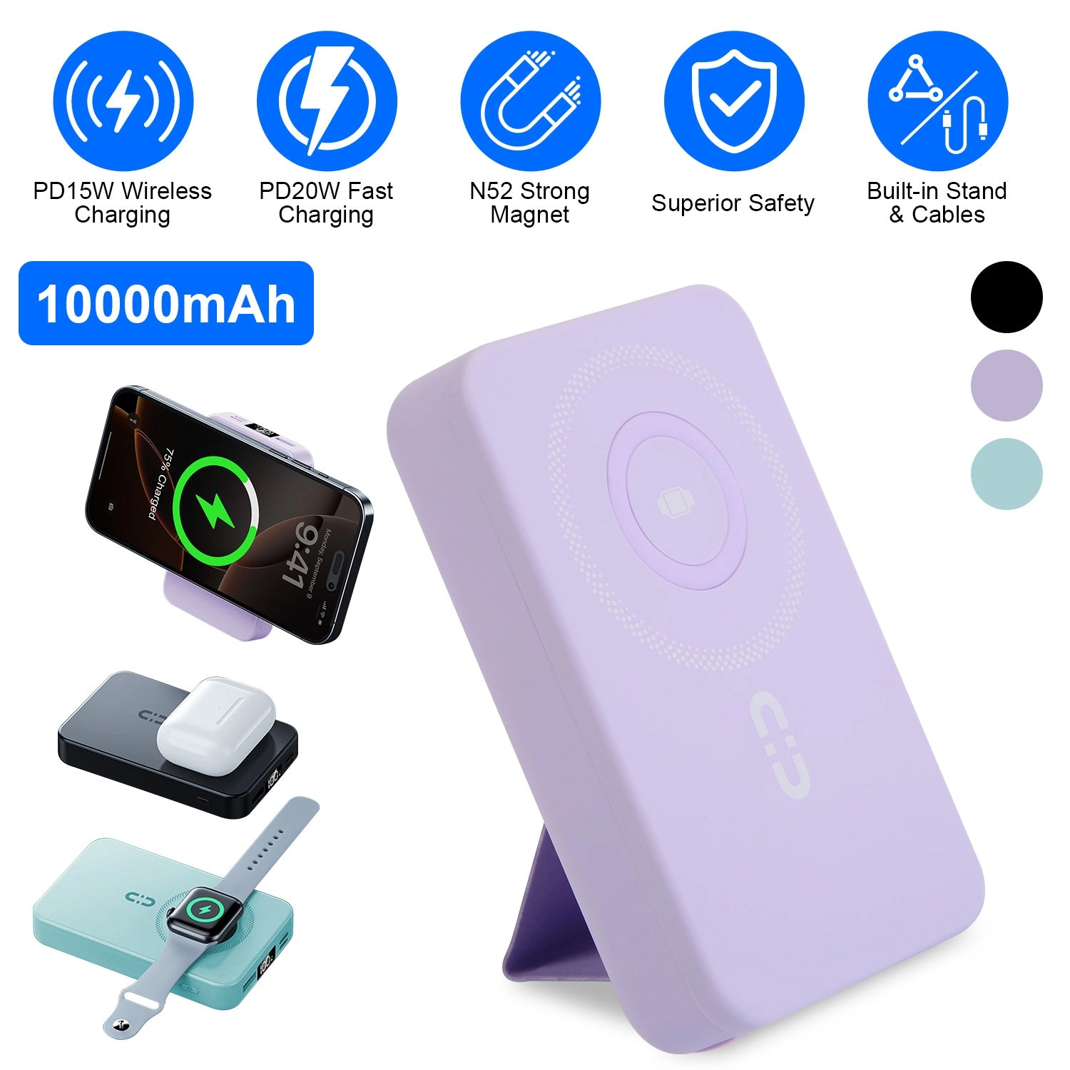 GBruno 3-in-1 MagSafe Power Bank With Built-In Cables