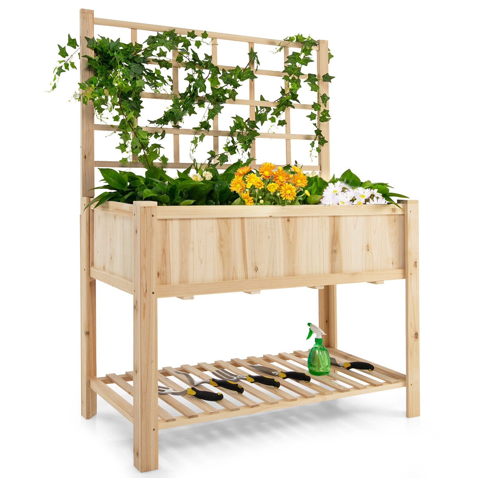 SUGIFT Natural Raised Garden Bed with Trellis and Storage Shelf 42-in W 21-in D 58-in H 386-lb Bed Capacity