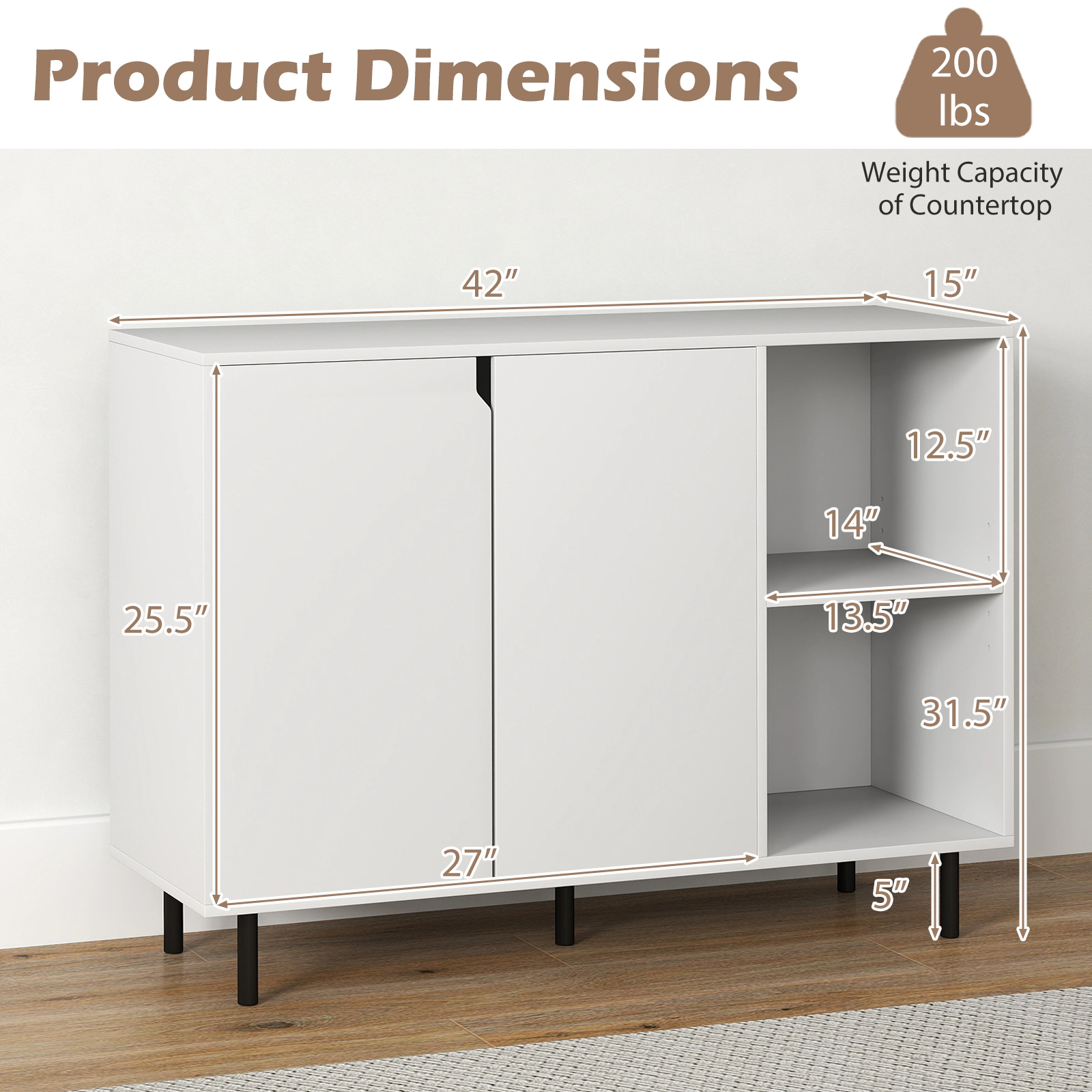 Glintex 42-Inch Sideboard with Cut-Out Handles and 5-Level Shelves, White + Black