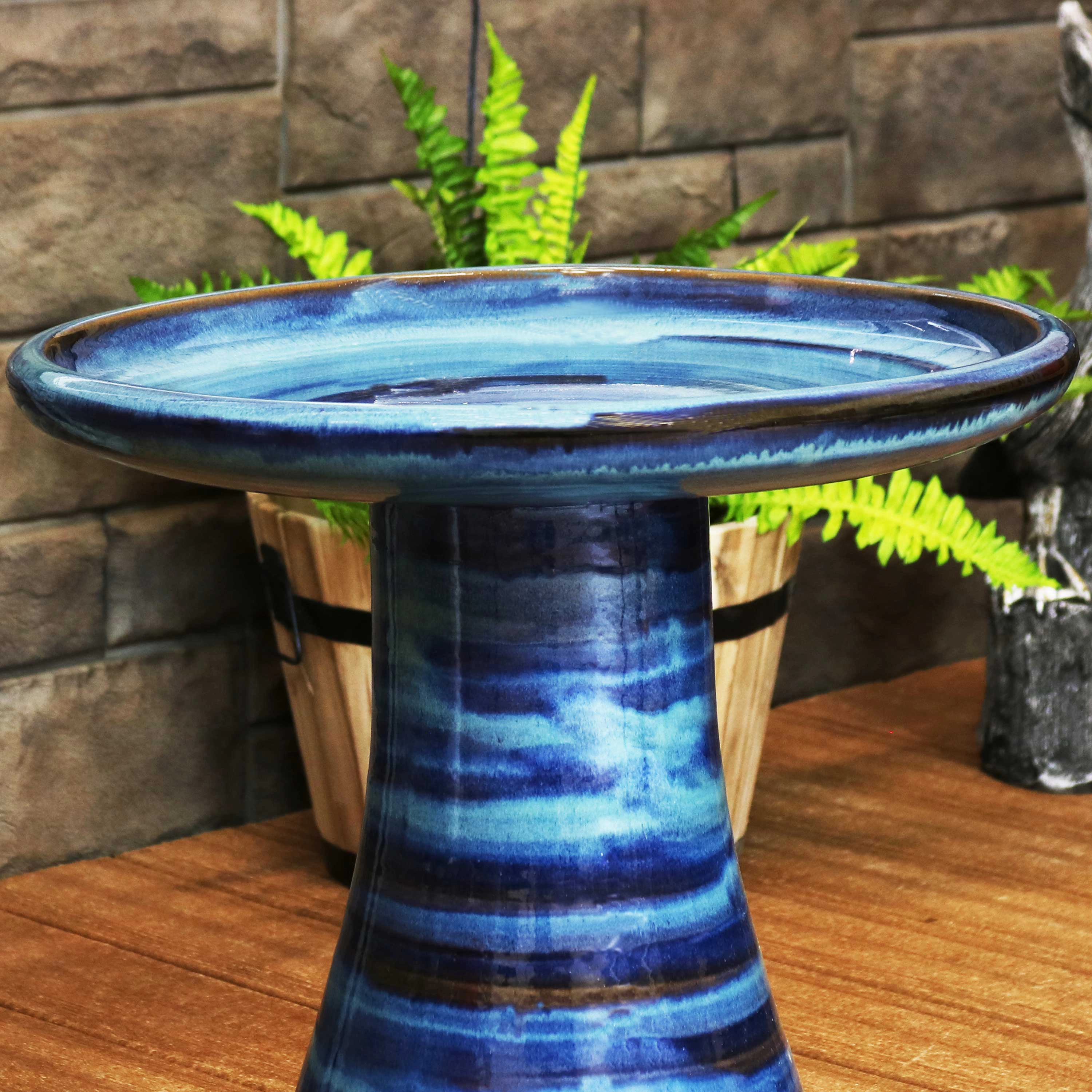 Sunnydaze Ceramic Bird Bath for Outside, Hand-Painted, 21” H, Galaxy Blue