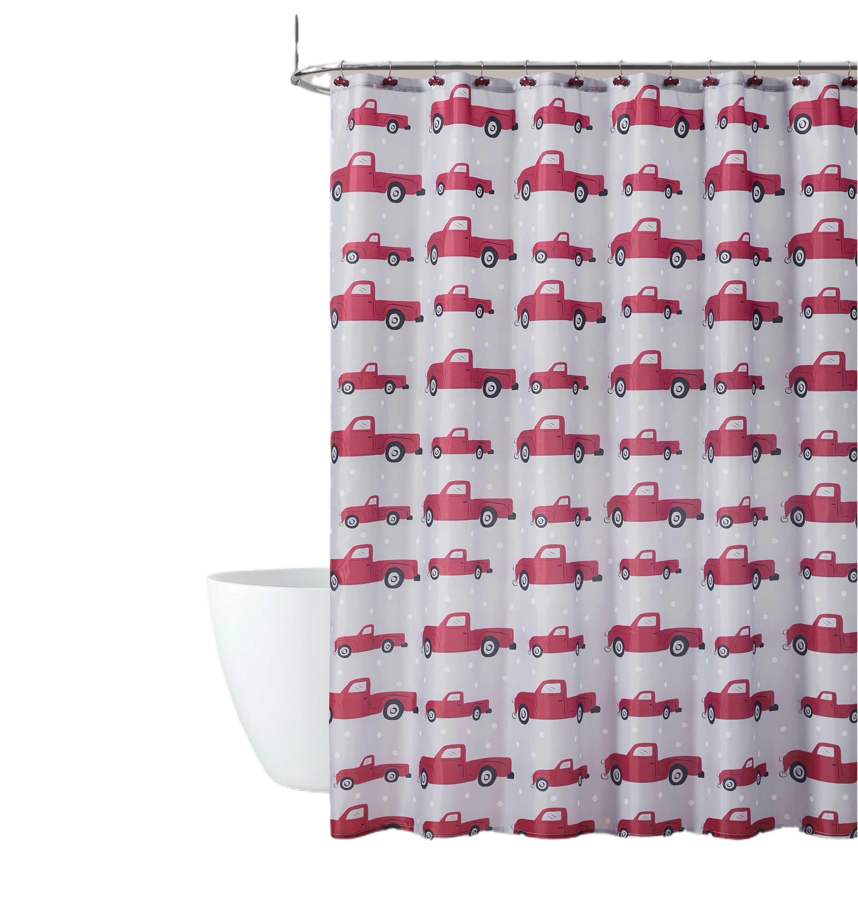 Kate Aurora Tis' The Season Holiday Christmas Trucks Fabric Shower Curtain With 12 Matching Hooks