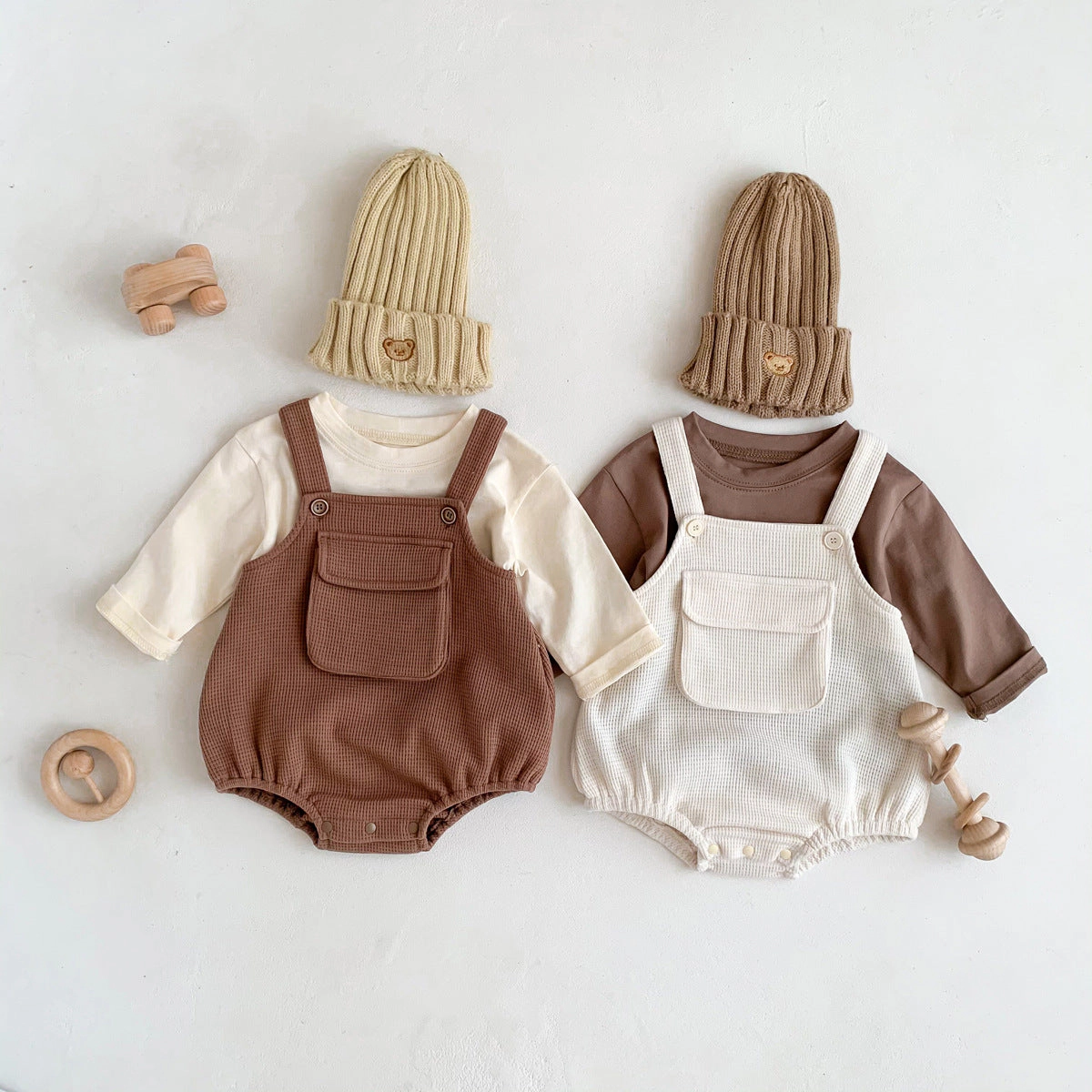 MyKids-USA Baby Cartoon Print Tops With Waffle Fabric Strap bodysuit Sets