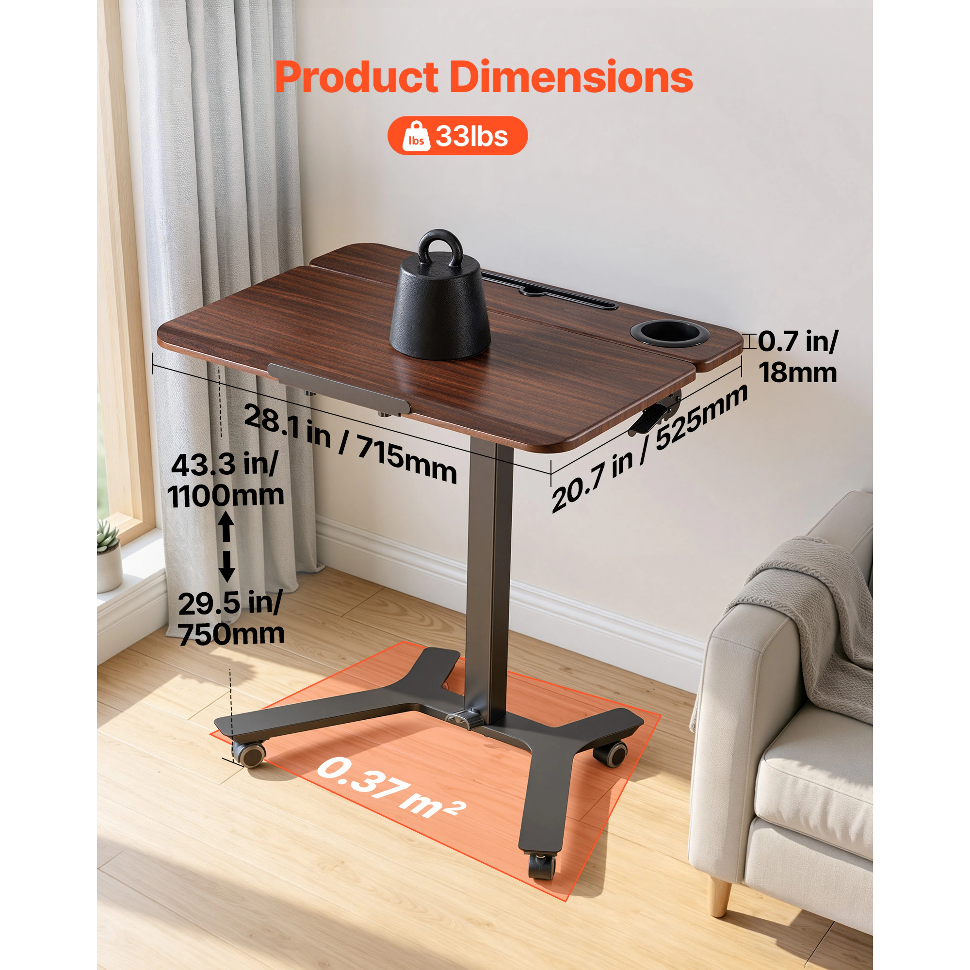 HONGGE Standing Desk, Adjustable Height Mobile Stand Up Desk with Casters, Small Computer Sit Stand Desk