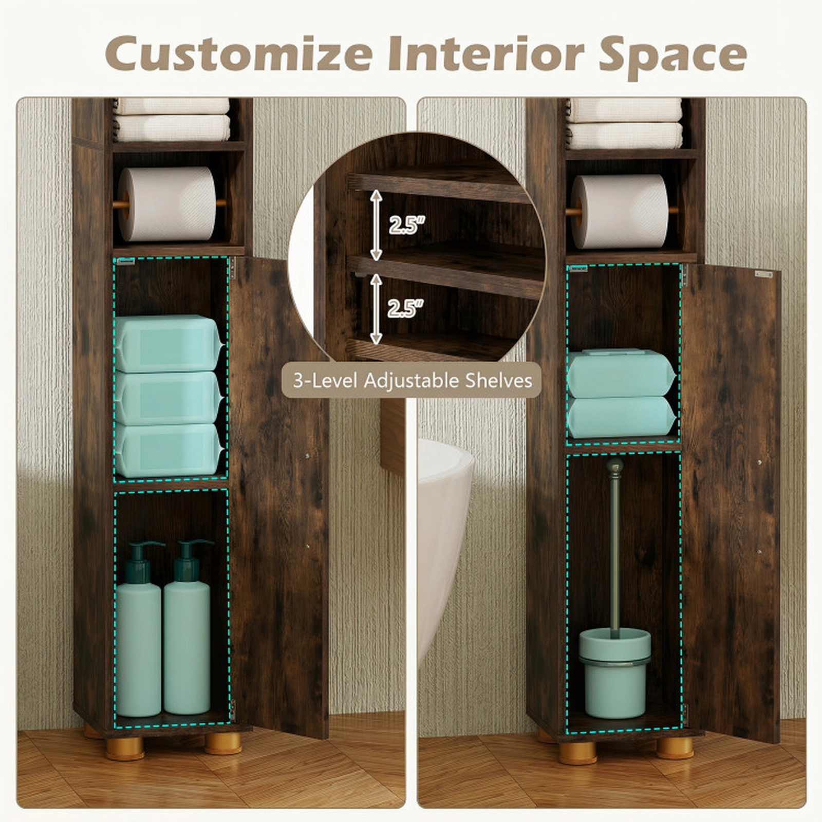 SUGIFT Narrow 8 x 8 in Bathroom Storage Cabinet with Open Shelves, Toilet Paper Holder and 4.5-lb Hook Capacity Brown