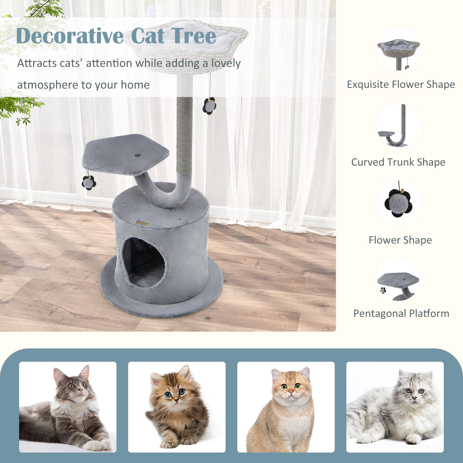 SUGIFT 42 in Cat Tower Gray 3-Tier with Curved Metal Frame Top Perch and Private Condo