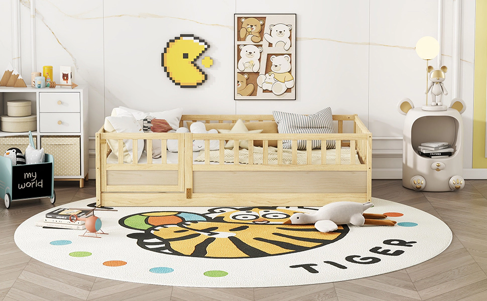 Flynama Twin Montessori Floor Bed, High Safety Barrier & Door, Solid Wood, Natural (Patented)