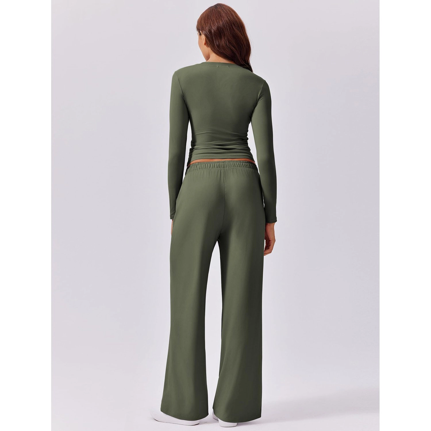 Pinspark Womens Casual Long Sleeve Crop Top Ruched Hem Drawstring Wide Leg Pants Set