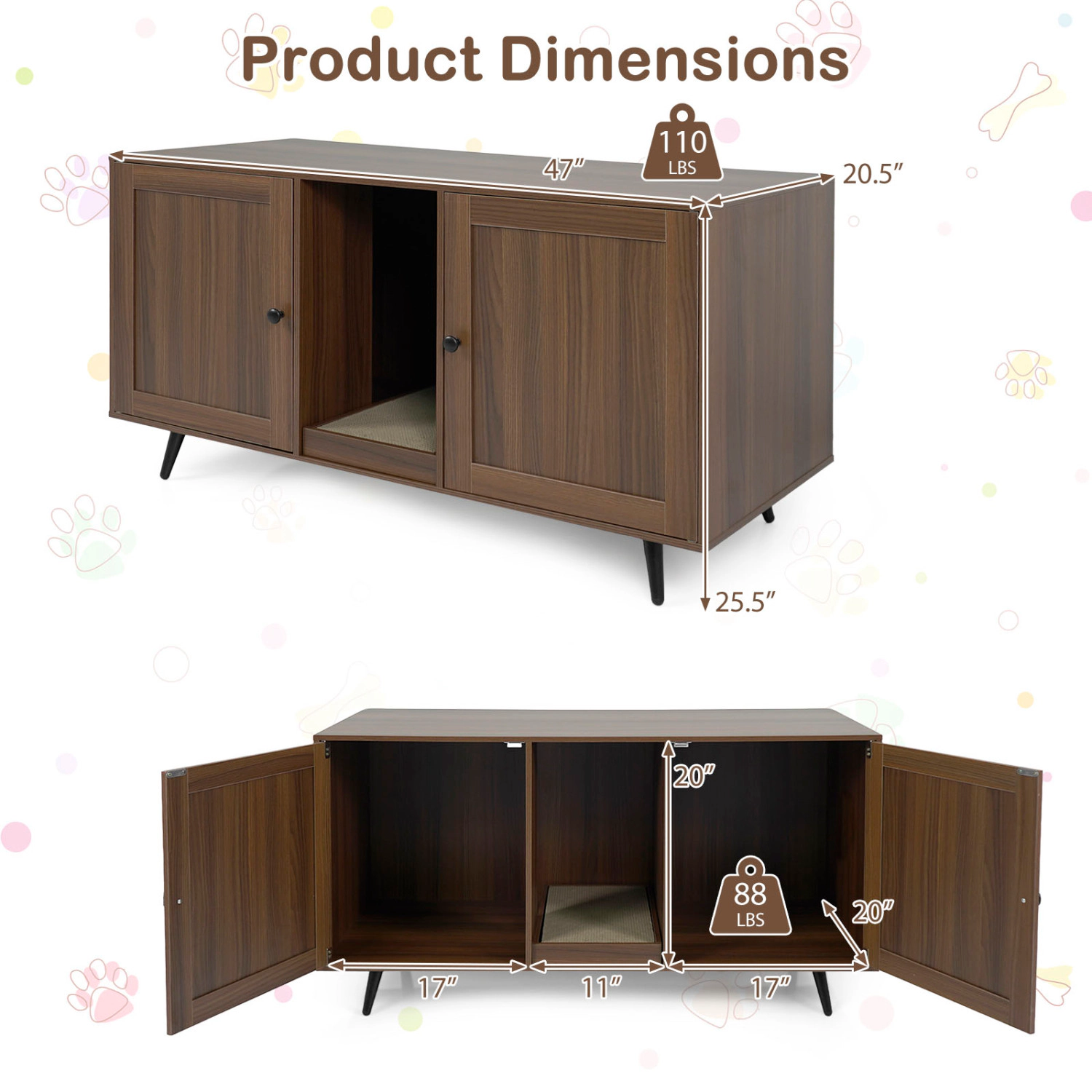 SUGIFT Double Cat Litter Box Enclosure for 2 Cats with Scratching Pad and Double Rooms 110-lb Tabletop Walnut