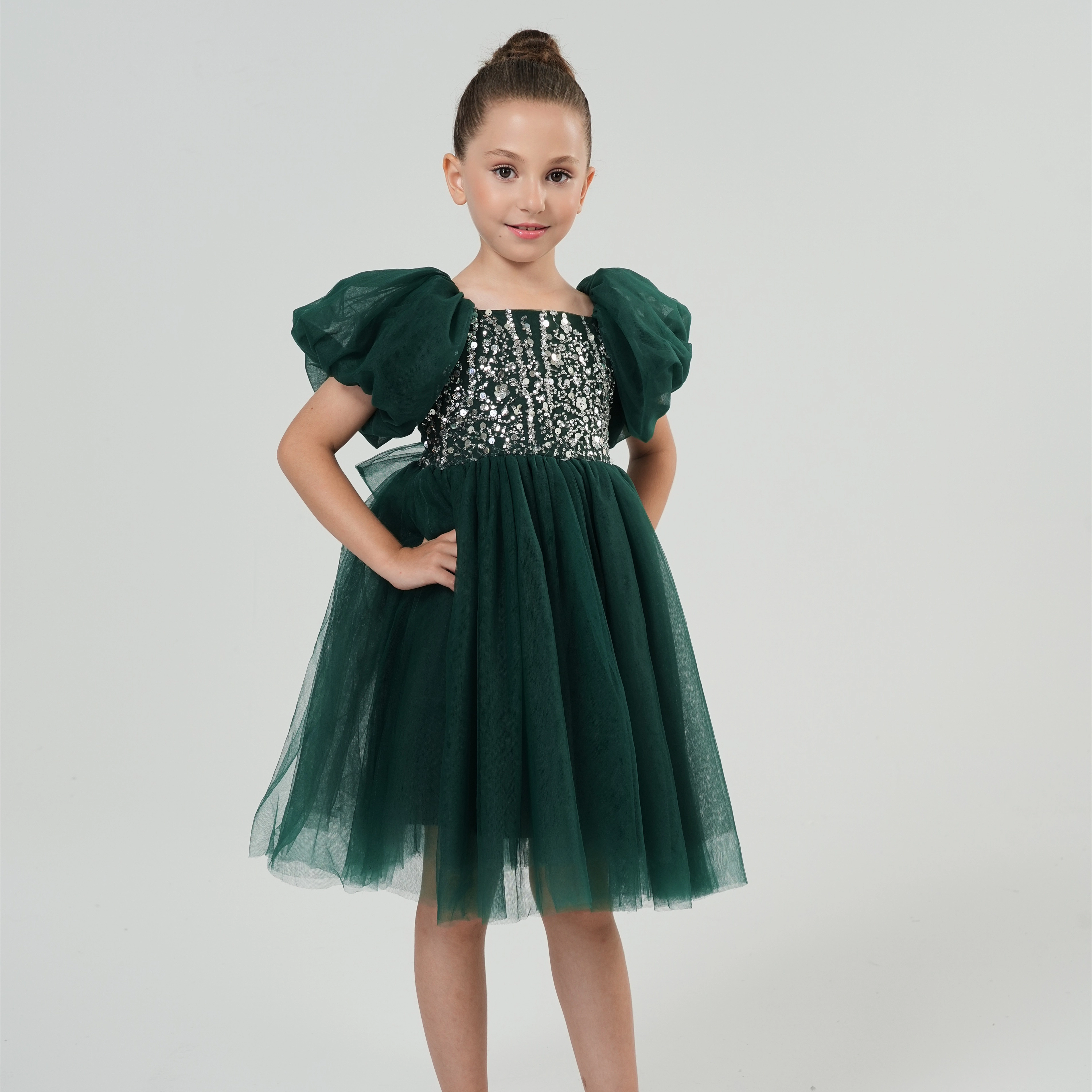 2Bunnies Girls’ Beaded Sequin Embellished Puff Sleeve Tulle Holiday Party Dress